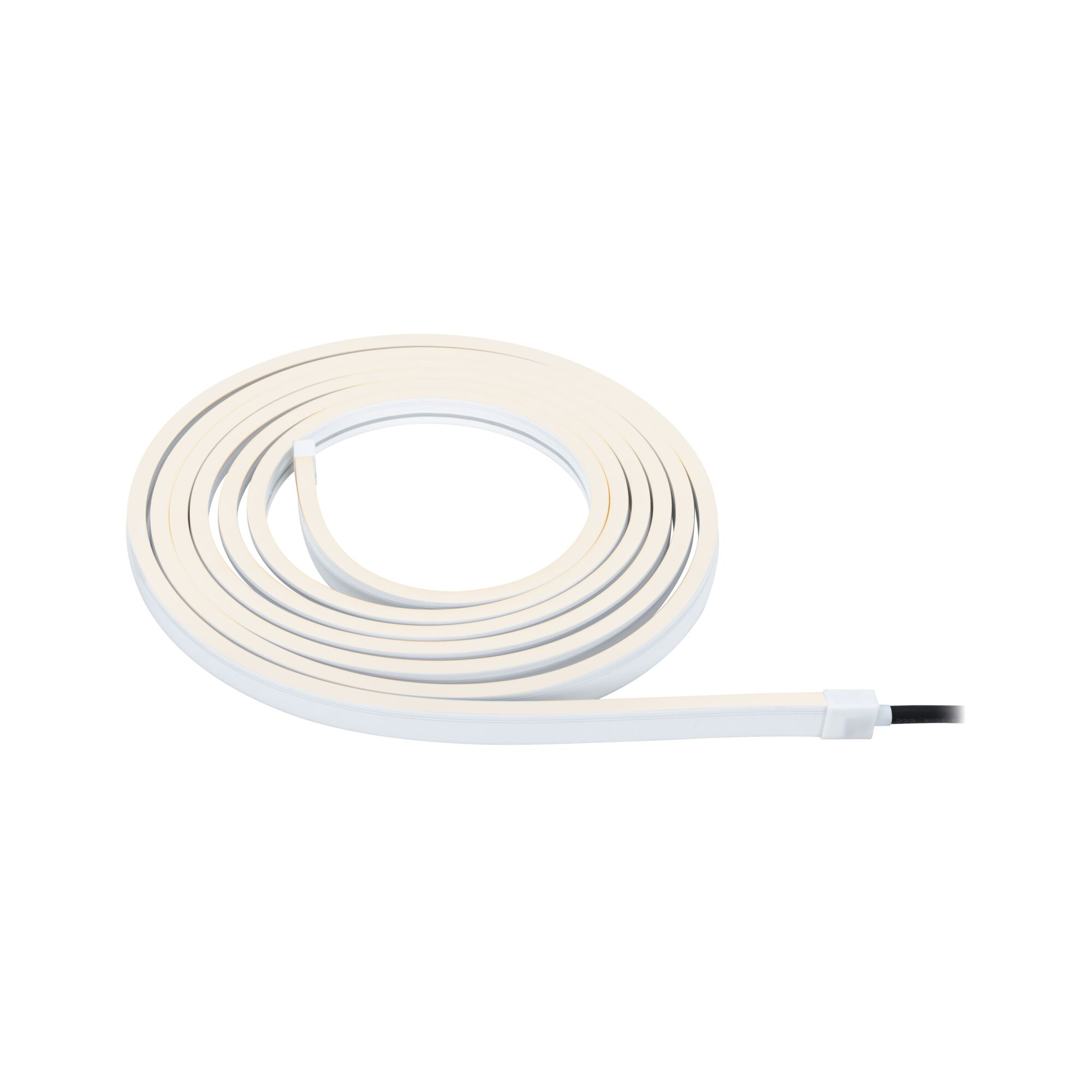 Eine weiße LED-Leiste, aufgerollt, mit schwarzem Kabel.