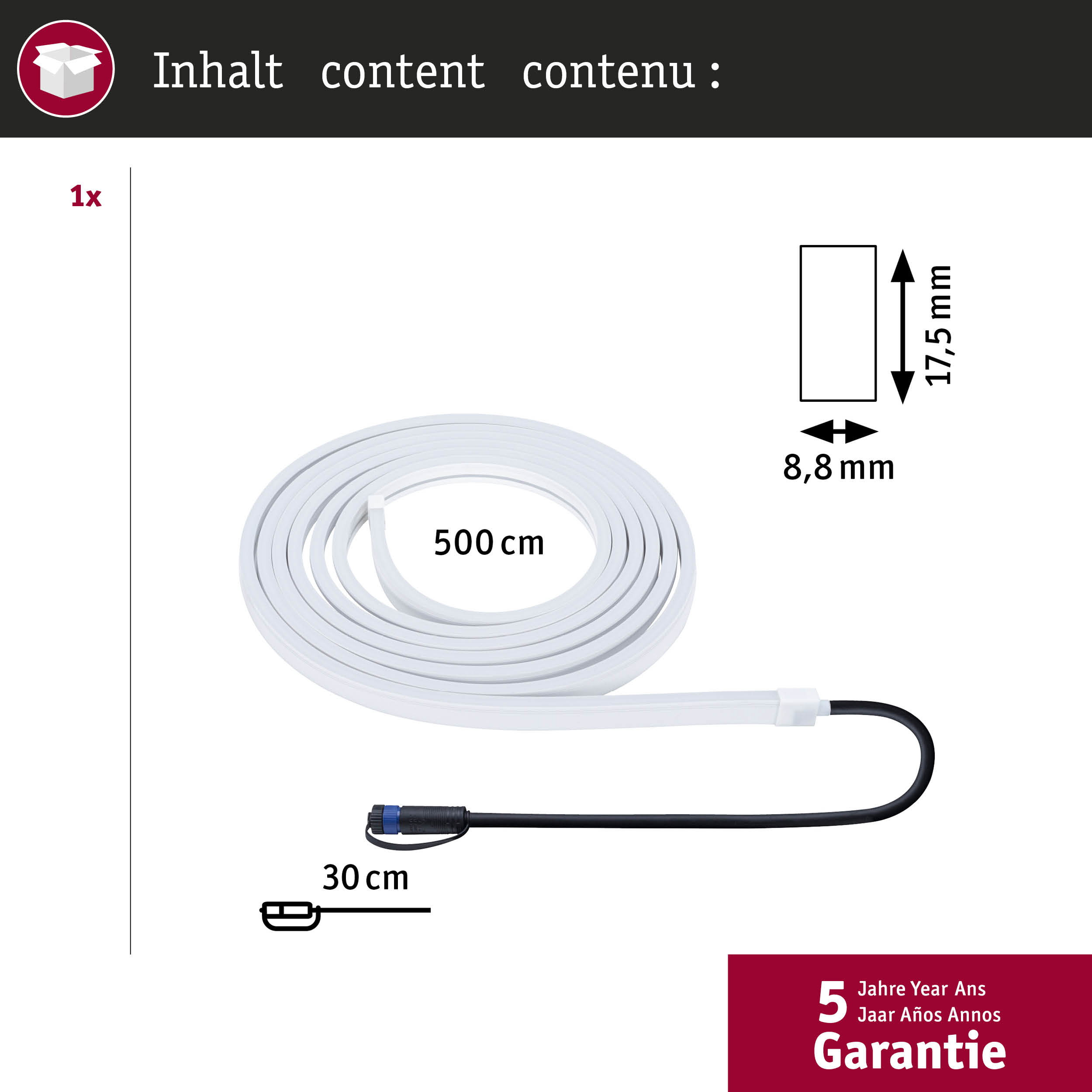 500 cm weiße LED-Schlauch mit 30 cm Kabel und Maßen 17,5x8,8 mm.