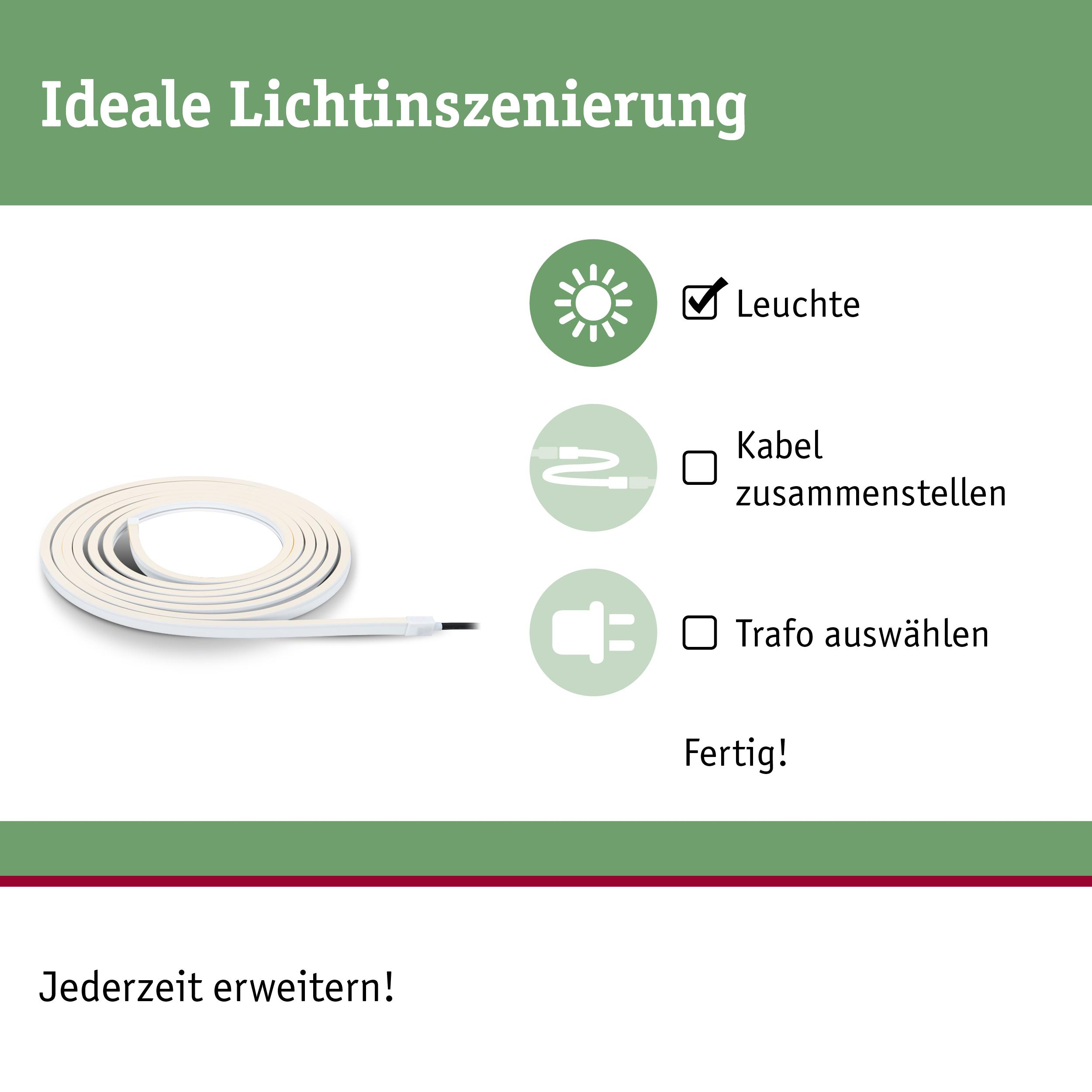 Eine aufgerollte weiße LED-Leiste mit Anleitungssymbolen: Leuchte, Kabel, Trafo.