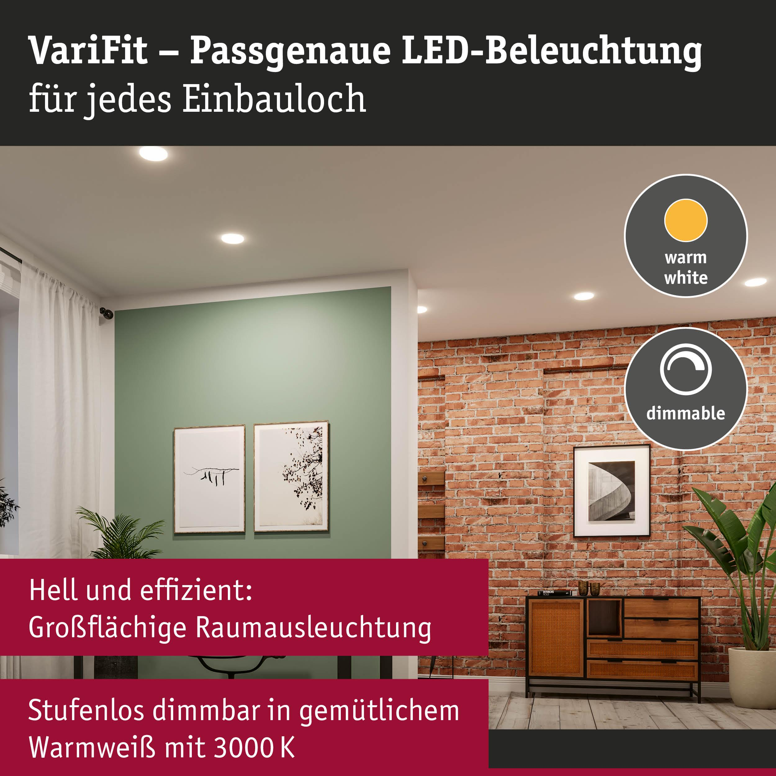 Ein Wohnraum mit Deckenleuchten, Wandbildern und Möbeln.