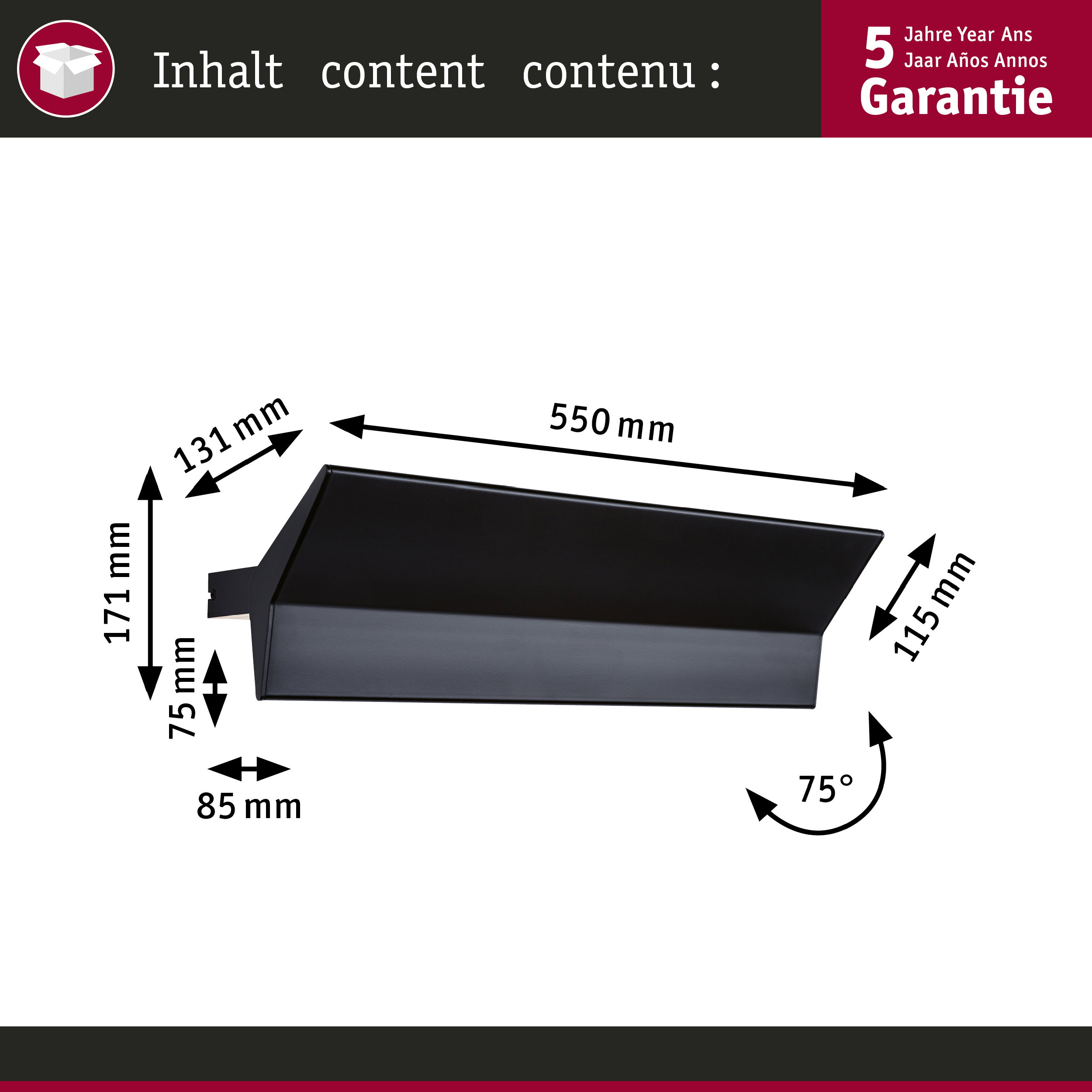 Czarny obiekt z wymiarami: 550mm, 171mm, 131mm, 75mm, 85mm, 115mm, 75°.