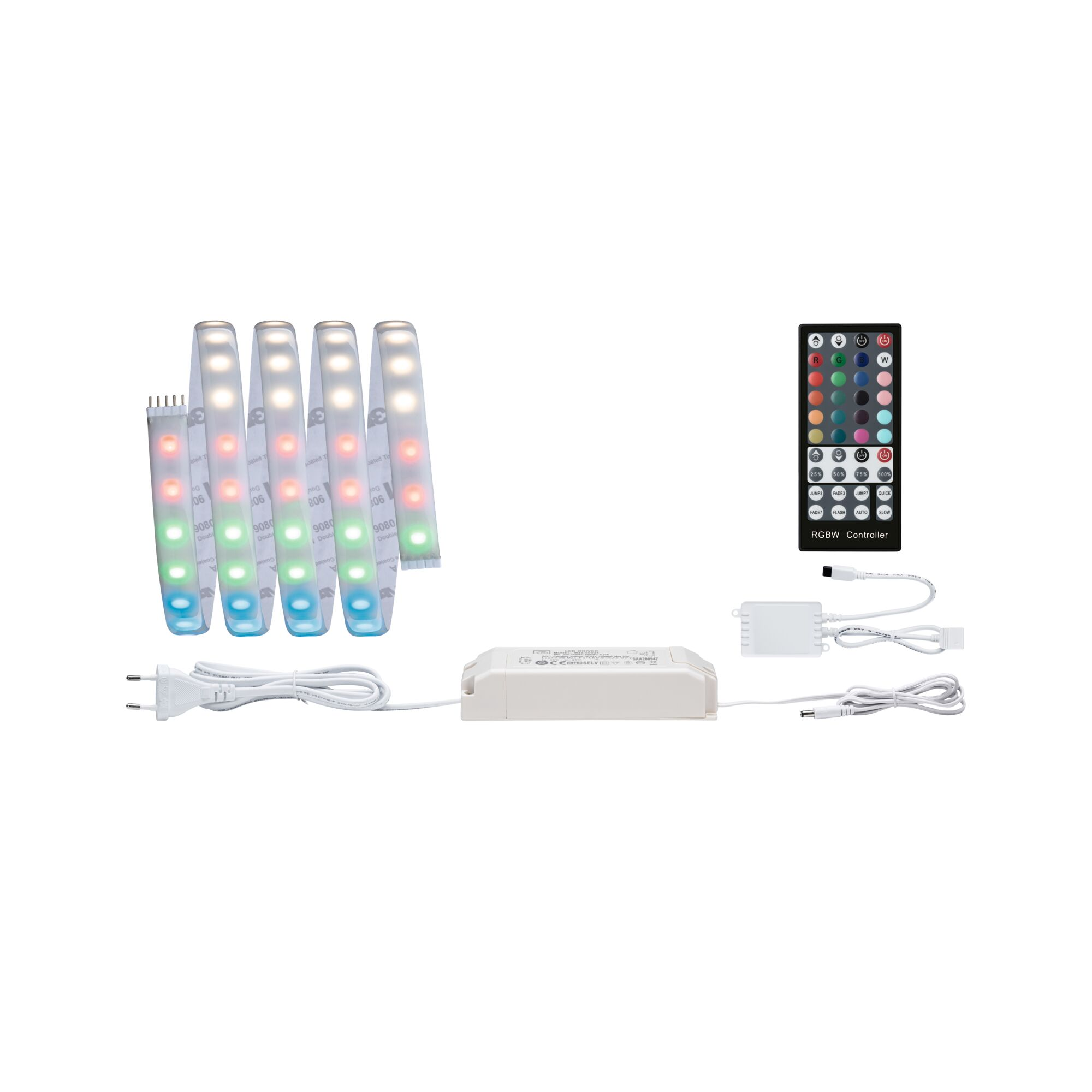 Taśma LED RGBW, zasilacz, pilot i kable na białym tle.