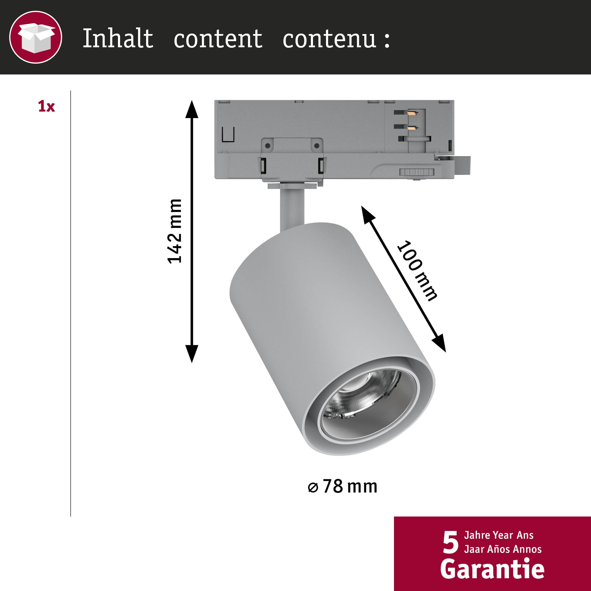 Szary reflektor sufitowy o wymiarach: 14,2 cm wysokość, 10 cm długość, 7,8 cm średnica.