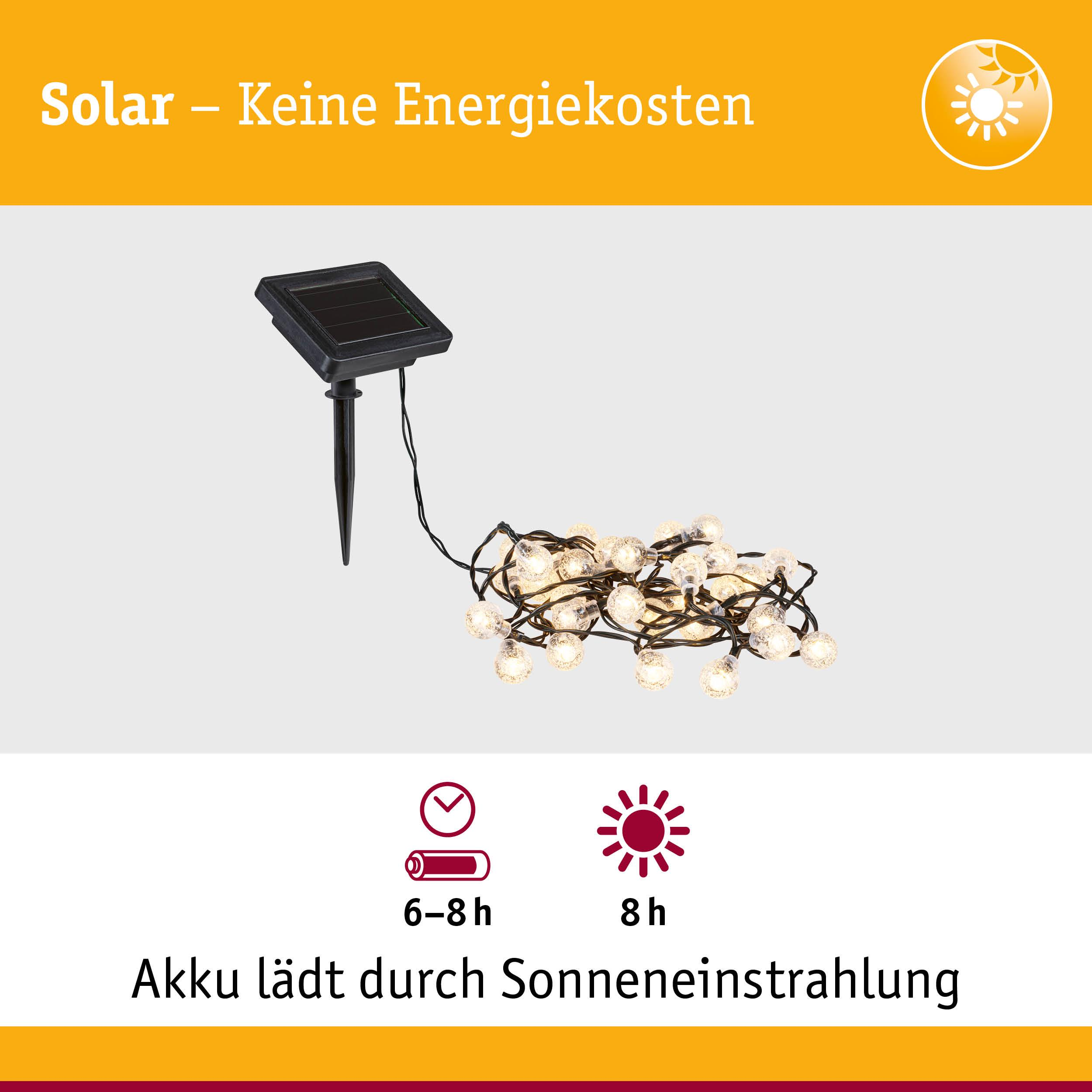 Solarpanel mit Lichterkette, lädt durch Sonneneinstrahlung.
