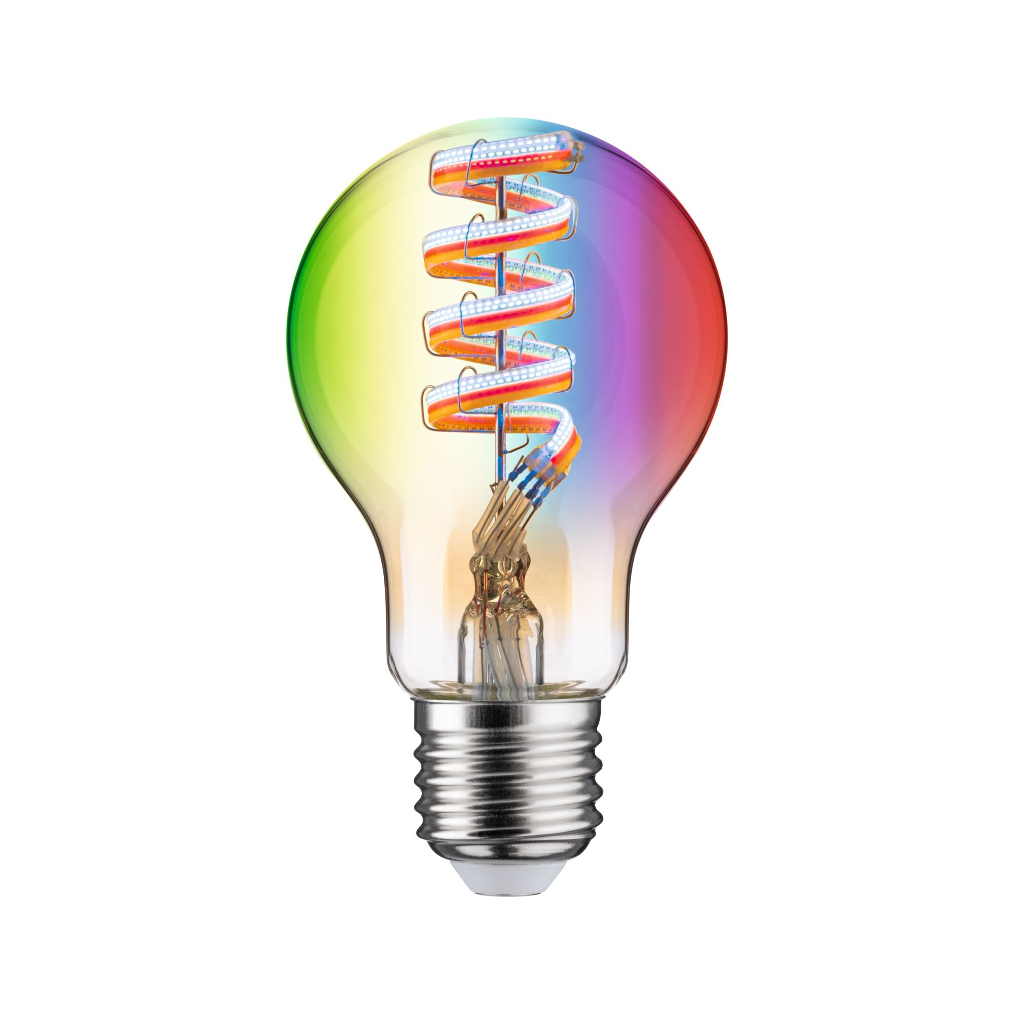 Eine regenbogenfarbene spiralförmige LED-Filamentlampe auf weißem Grund.