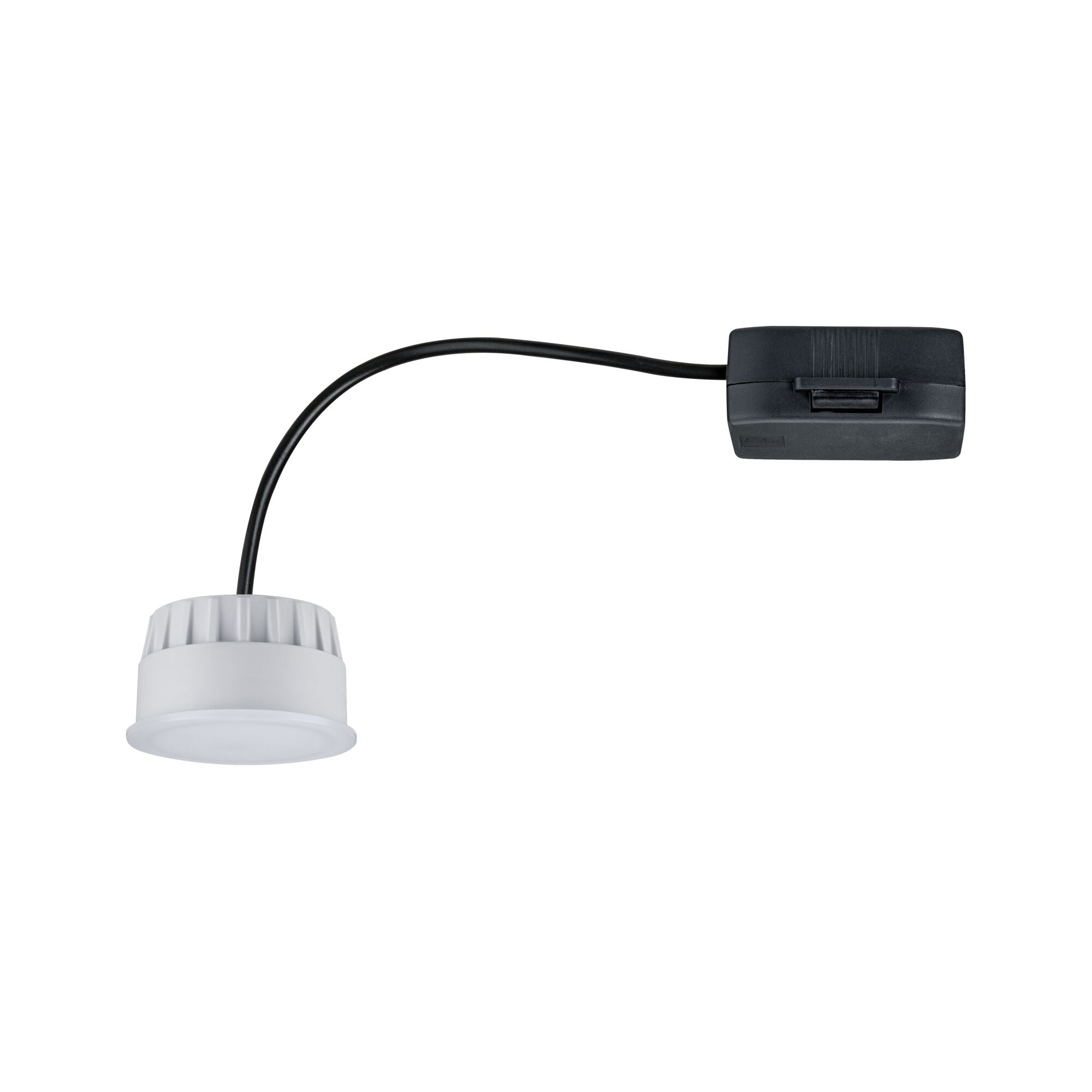 Eine weiße Lampe mit schwarzem Kabel und schwarzer Box auf weißem Hintergrund.
