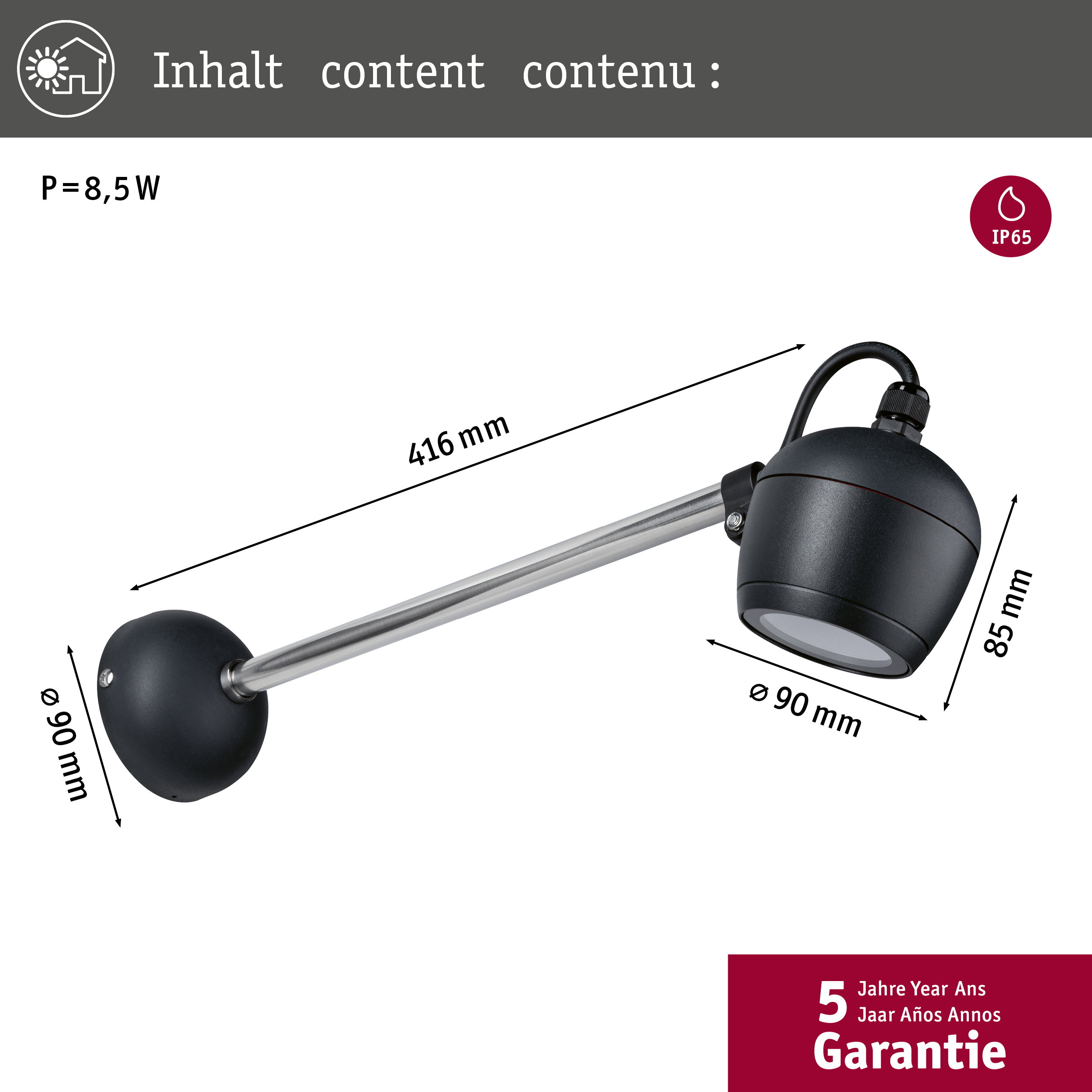Czarny reflektor o wymiarach: 416mm dł., 90mm Ø lampa, 85mm Ø głowica. IP65.
