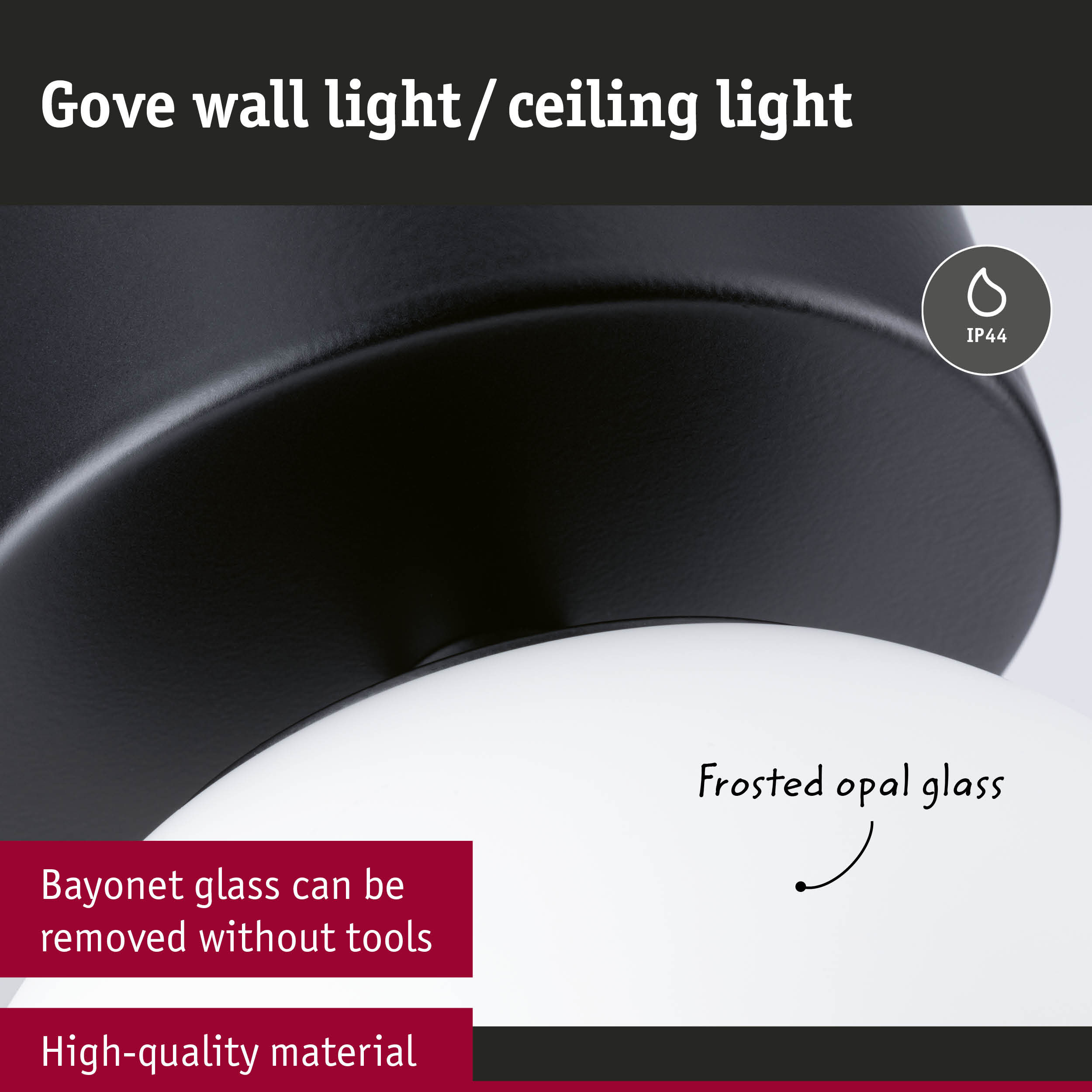 Czarna lampa z matowego szkła. Klasa IP44. Szkło zdejmowane bez narzędzi.