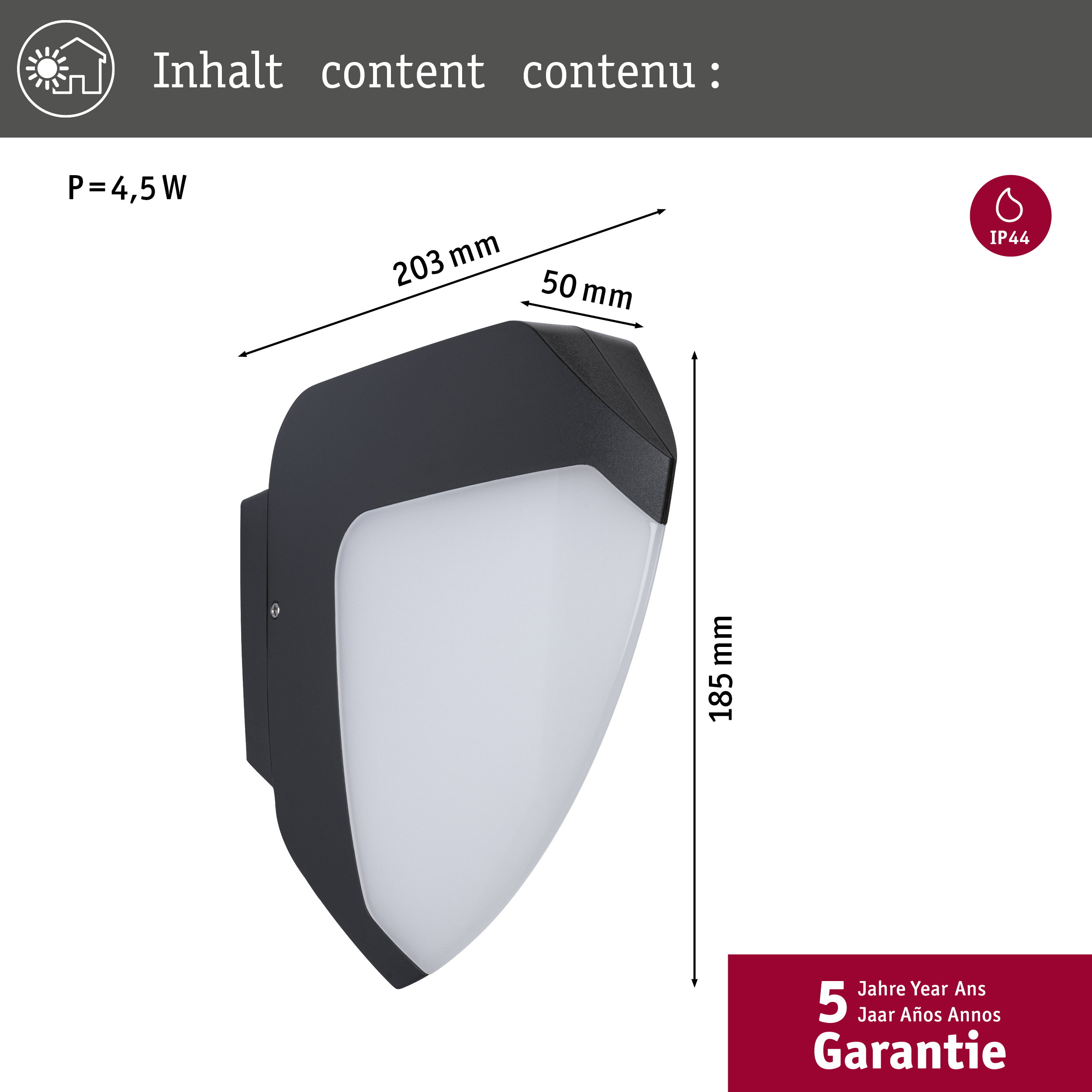 Ein dunkles Wandlicht mit Maßen 203x185x50mm und IP44-Schutz.
