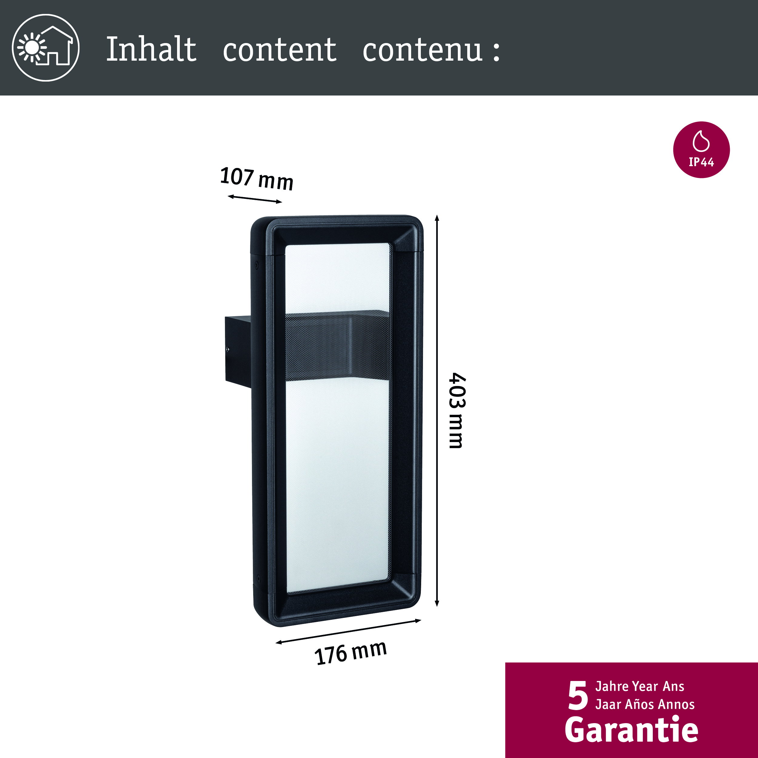 Czarna lampa ścienna, 107x176x403mm, IP44. 5 lat gwarancji.