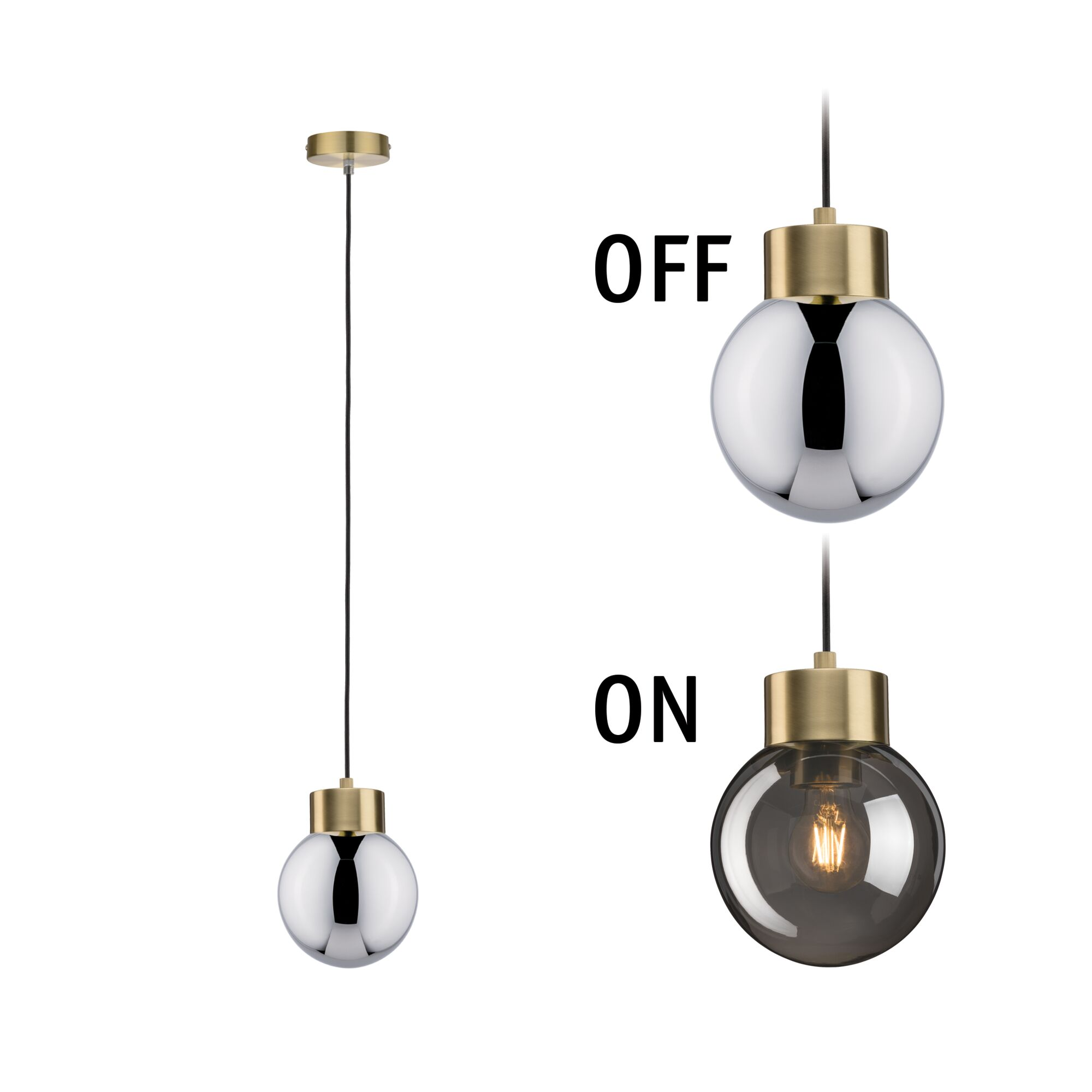Lampa wisząca z mosiężnymi detalami, pokazana wyłączona i włączona z żarówką.