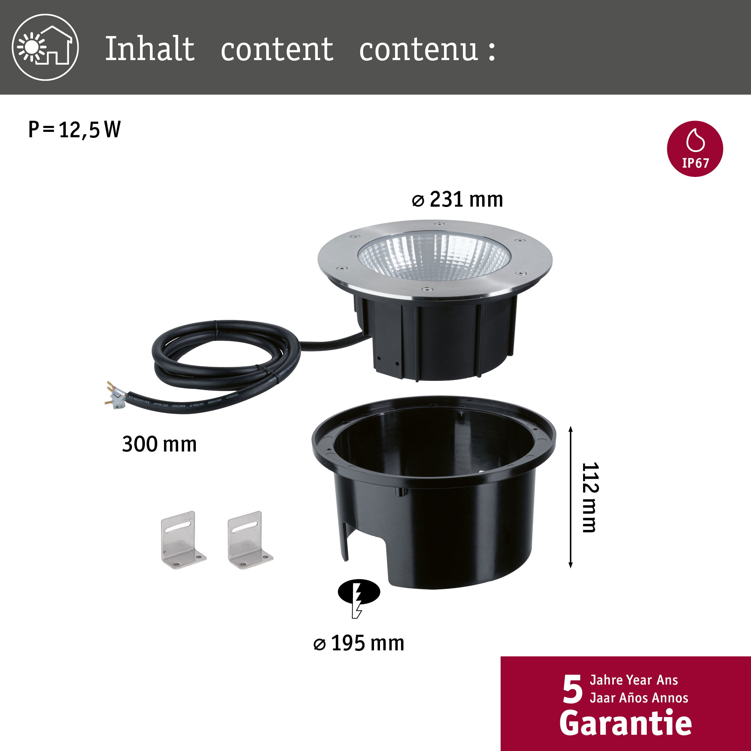 Lampa wpuszczana z czarną obudową, srebrnym pierścieniem, kablem, wspornikami i wymiarami.