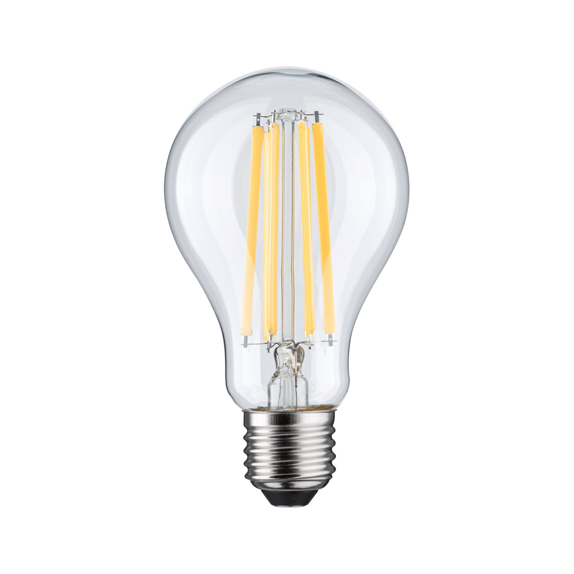 Eine klare LED-Glühbirne mit silbernem Gewindesockel und vier gelben Leuchtdioden.