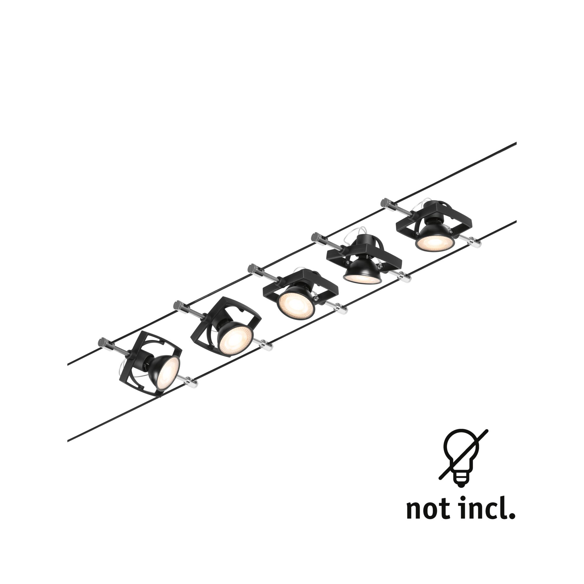 Cinq spots noirs sur un rail, ampoule non incluse. Icône indique sans ampoule.