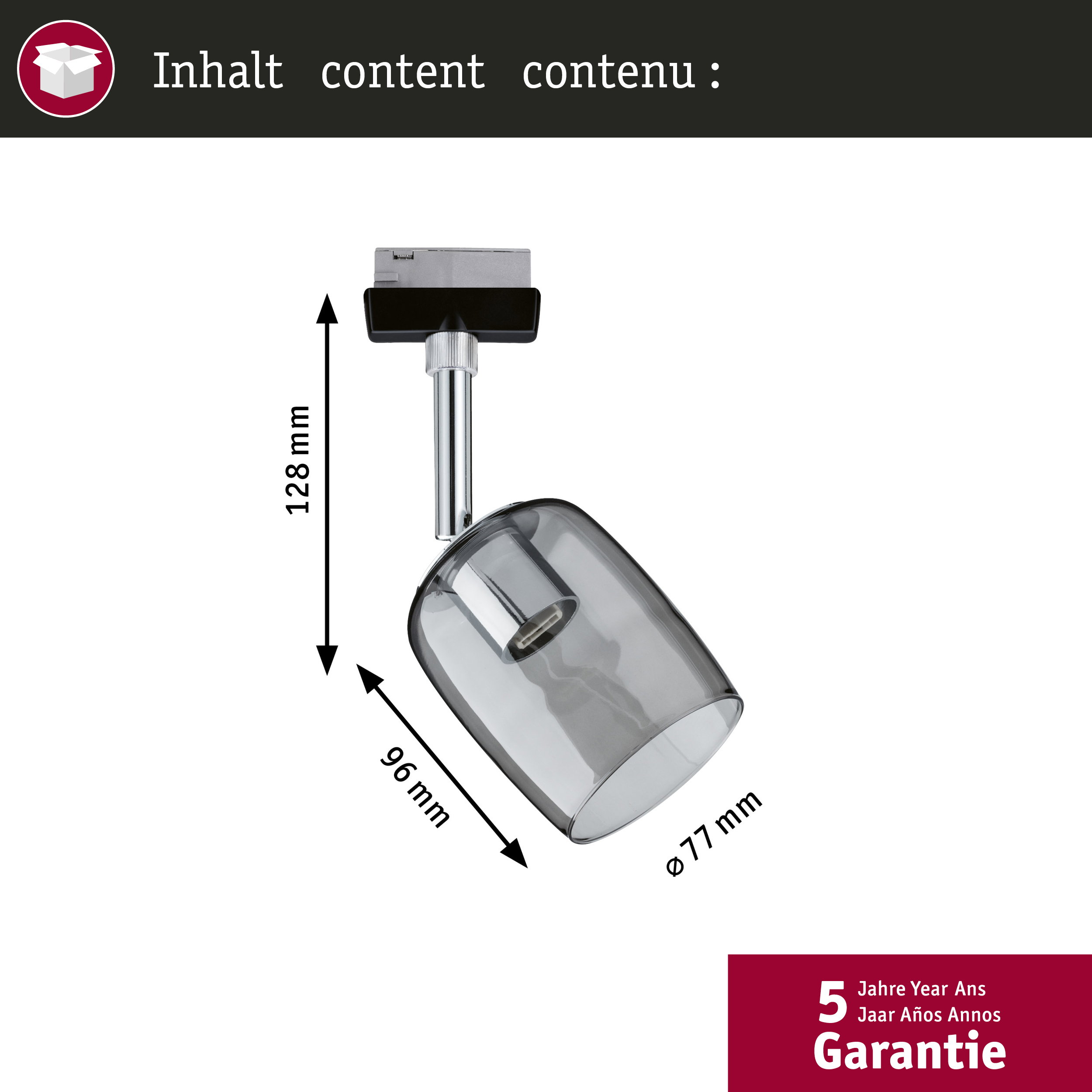 Ein grauer Glas-Spot mit Metallarm und Maßen 128mm H, 96mm B, 77mm Ø.