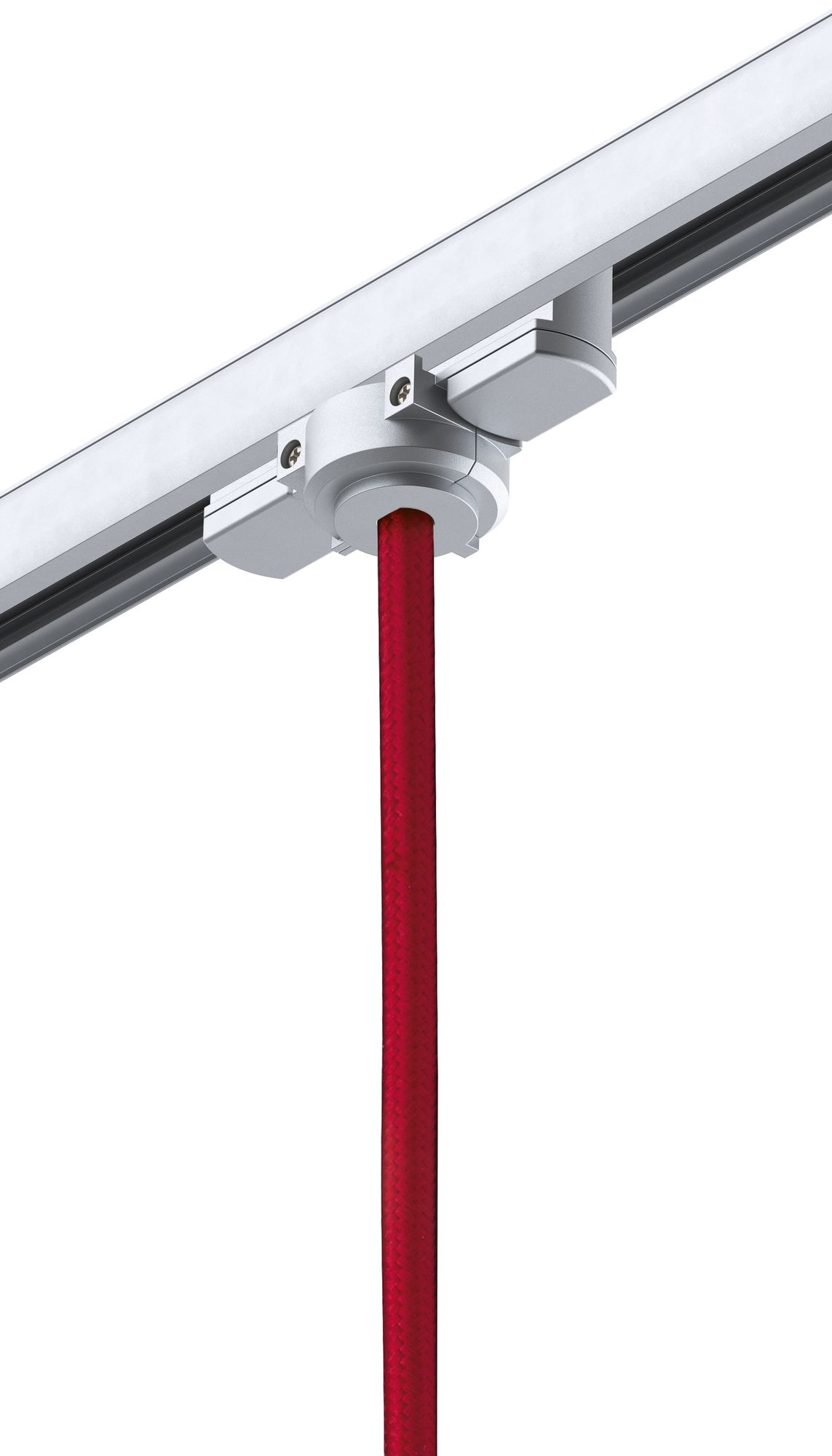 Ein rotes Kabel hängt von einer silbernen Schiene ab.