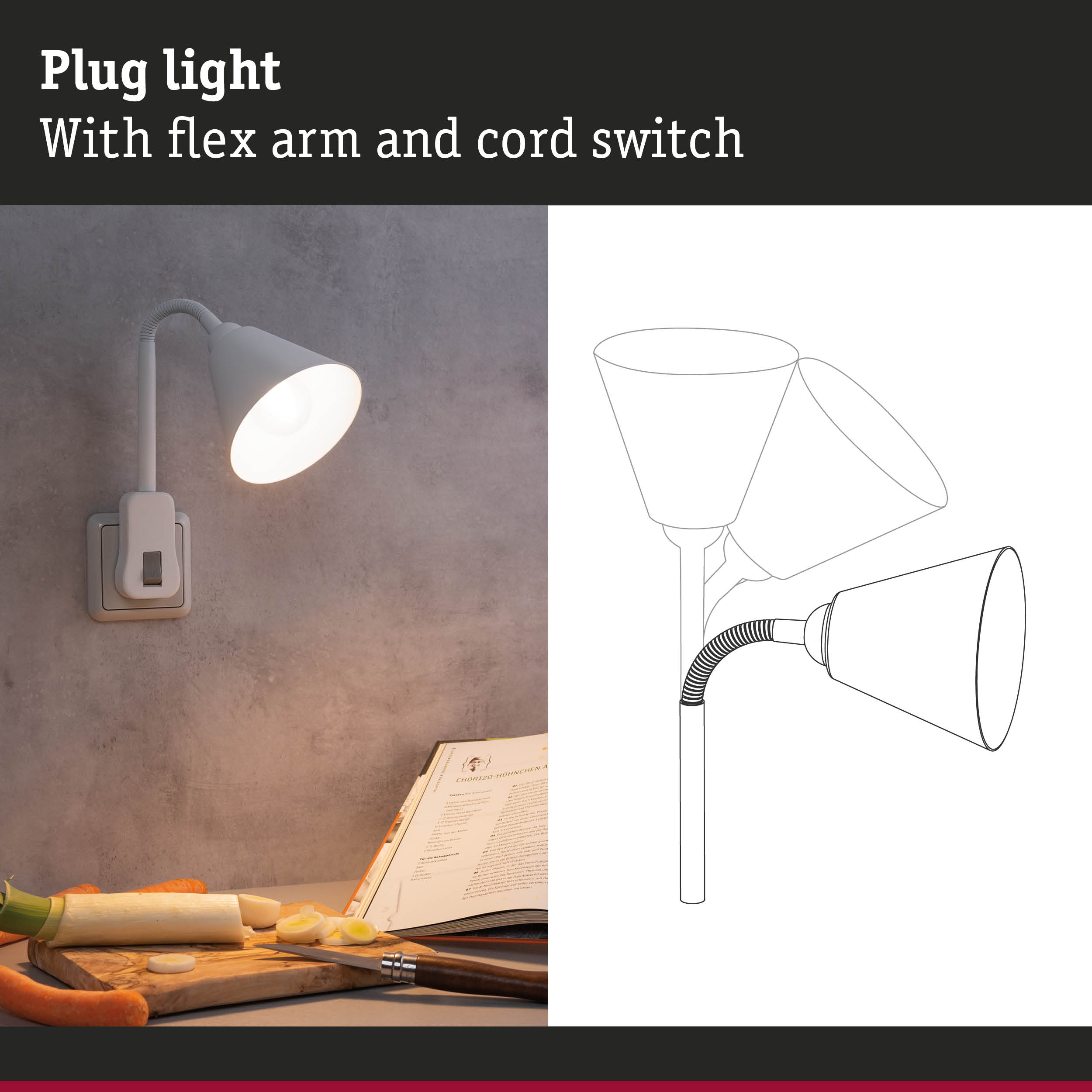 Una lampada bianca a innesto con braccio flessibile illumina un libro di cucina aperto.