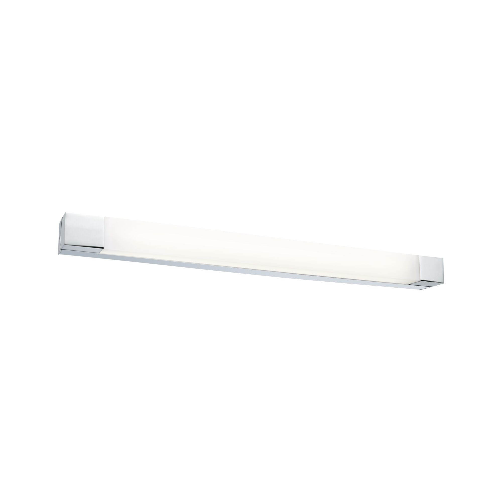 Eine lange, schmale Leuchte mit Chromakzenten und einem weißen Diffusor.