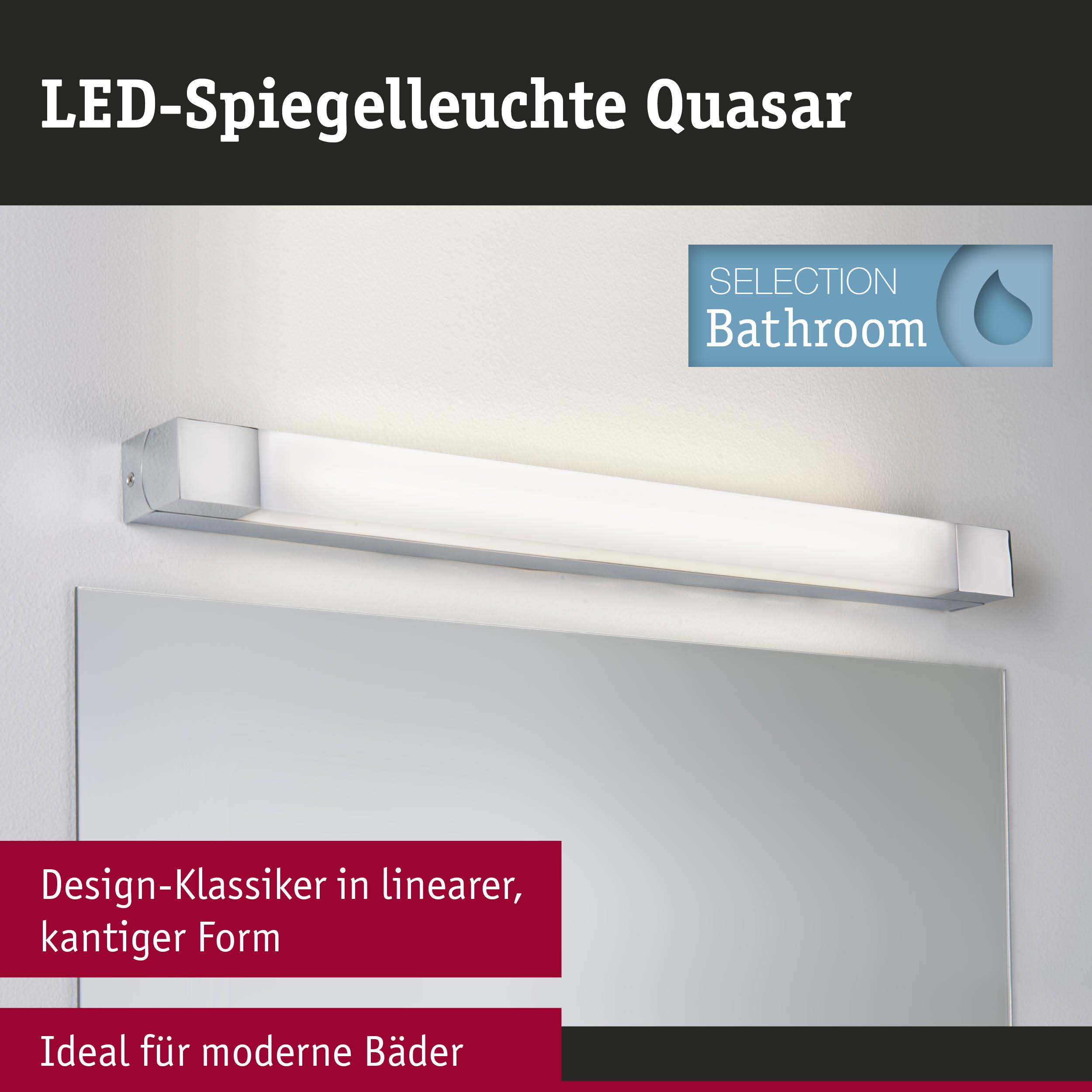 Eine lange, rechteckige LED-Spiegelleuchte in Chrom und Weiß über einem Spiegel.