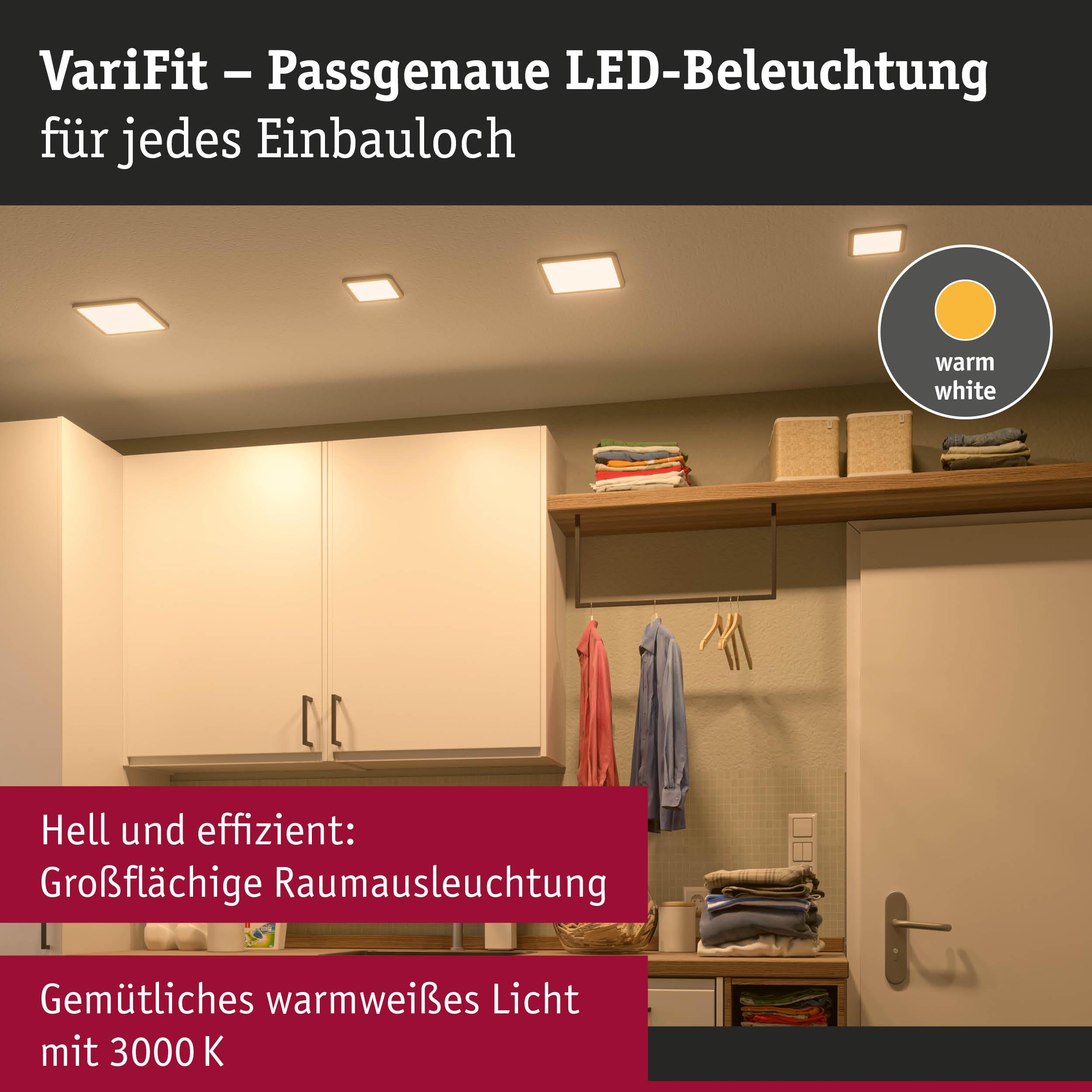 Vier LED-Einbaustrahler beleuchten Decke und Schränke. Ein Kreis zeigt 