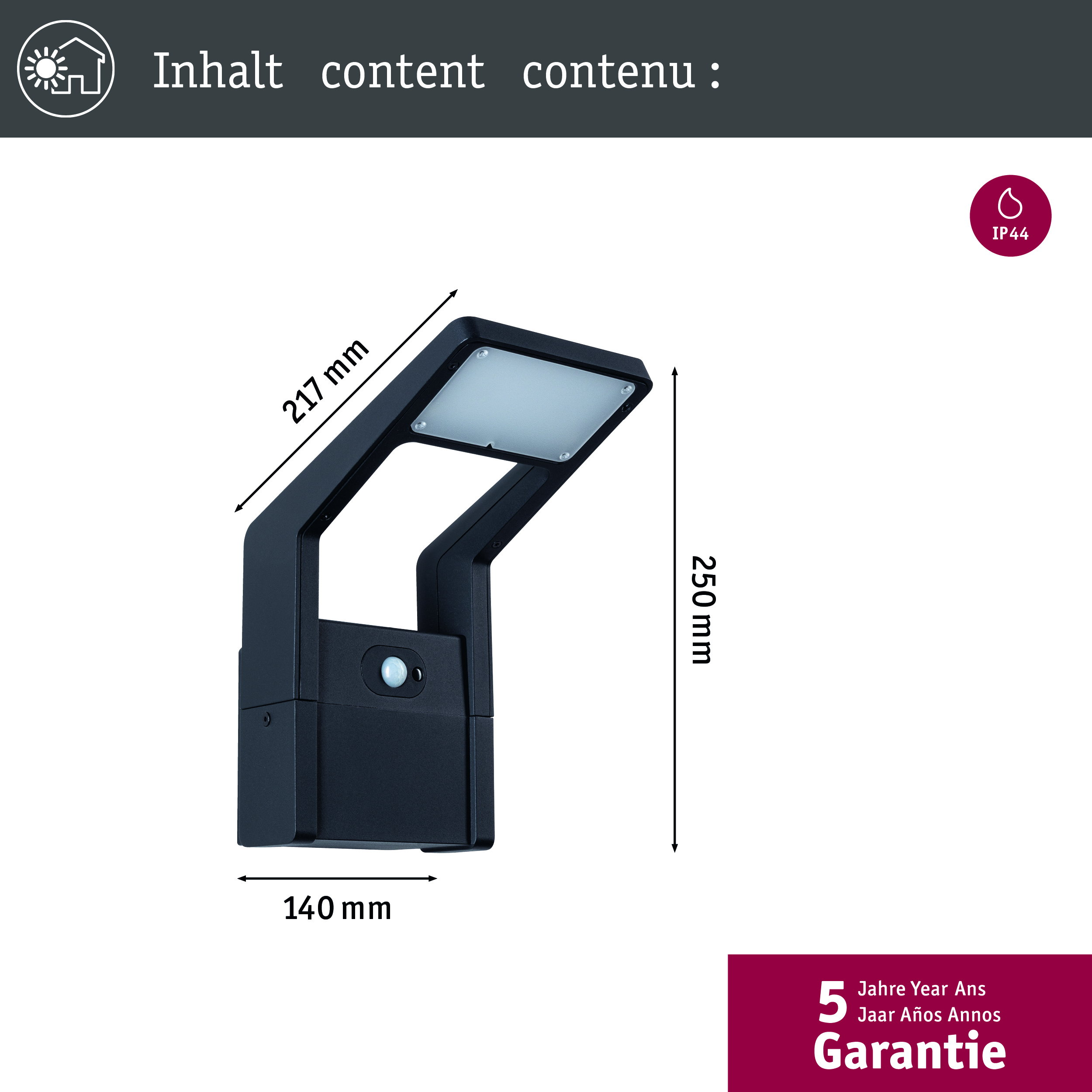 Czarna lampa zewnętrzna z czujnikiem ruchu, wym. 217x140x250mm, IP44.