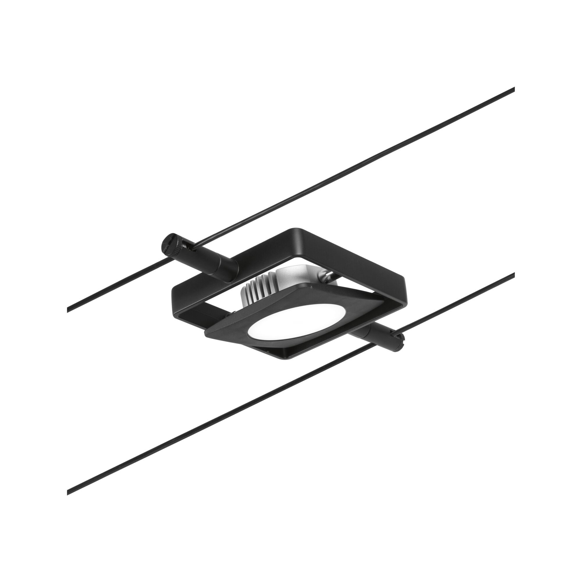 Lampada da soffitto quadrata nera con dissipatore argentato e lampada rotonda.