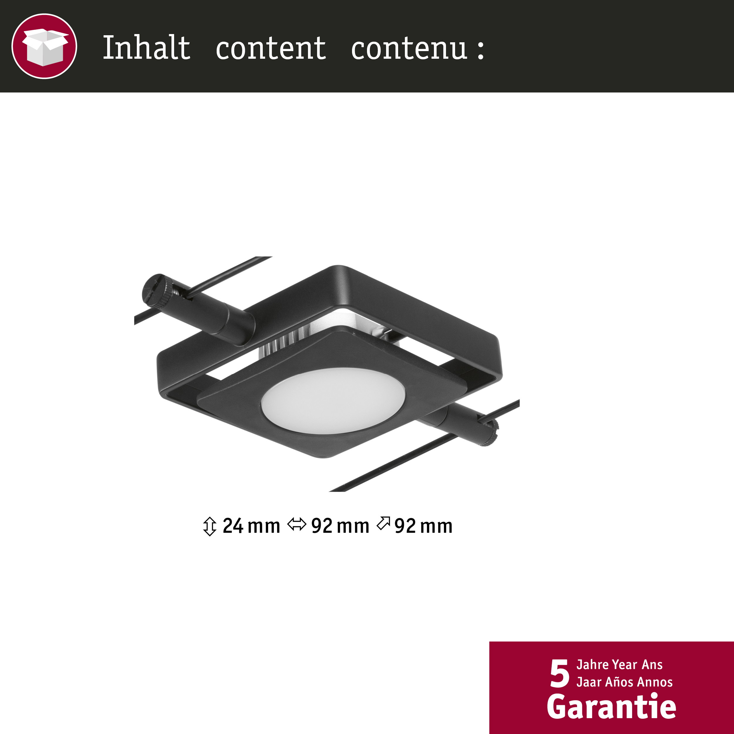 Un lampadario nero con dimensioni: 24mm, 92mm, 92mm. Garanzia 5 anni.