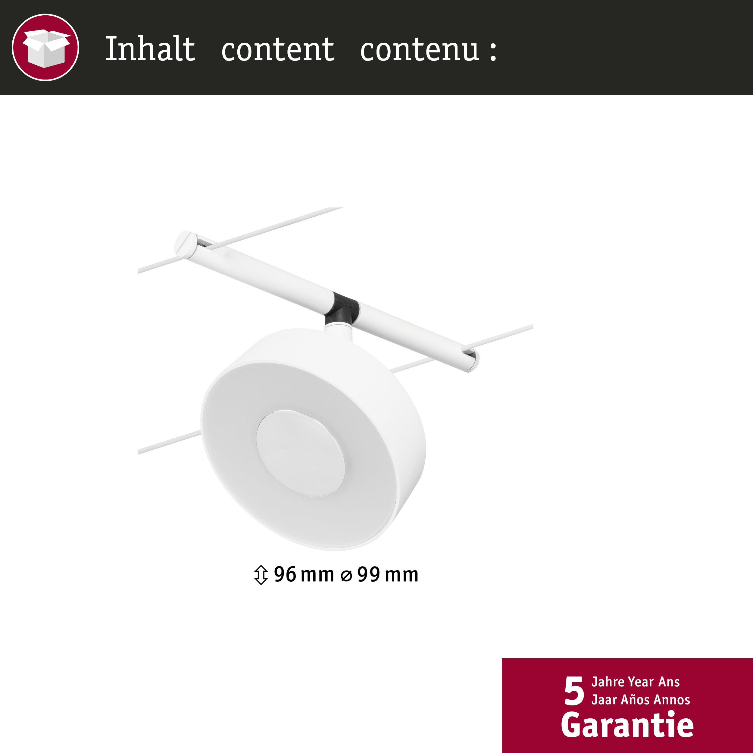 Biały spot sufitowy o wymiarach 96 mm x 99 mm na szynach.