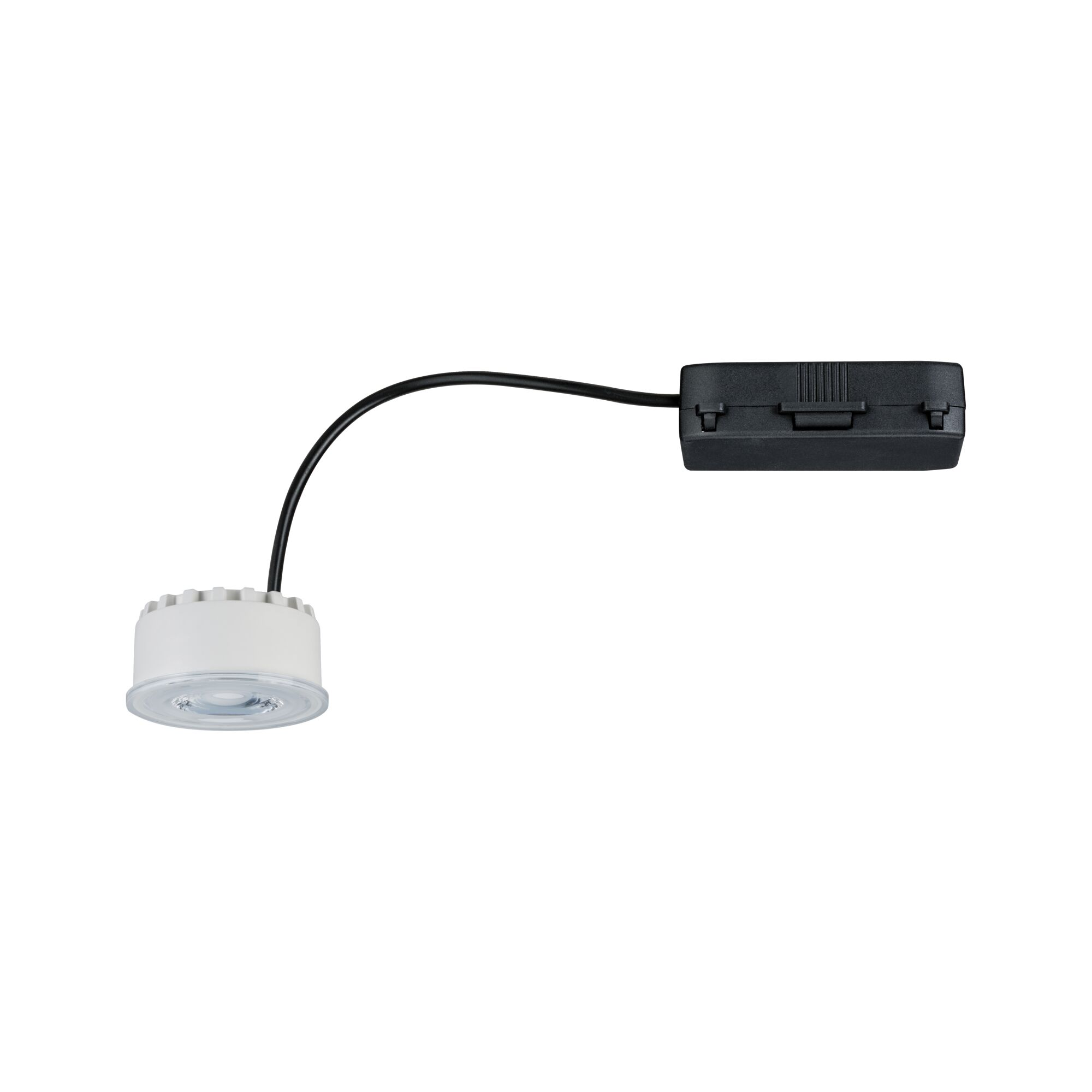 Ein weißer LED-Scheinwerfer mit schwarzem Kabel und schwarzer Box.