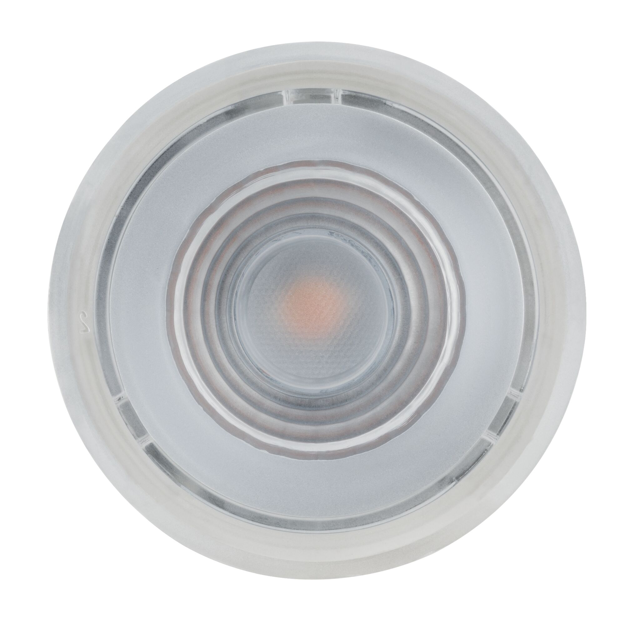 Eine Nahaufnahme einer runden LED-Lampe mit konzentrischen Ringen und einem orangefarbenen Lichtzentrum.