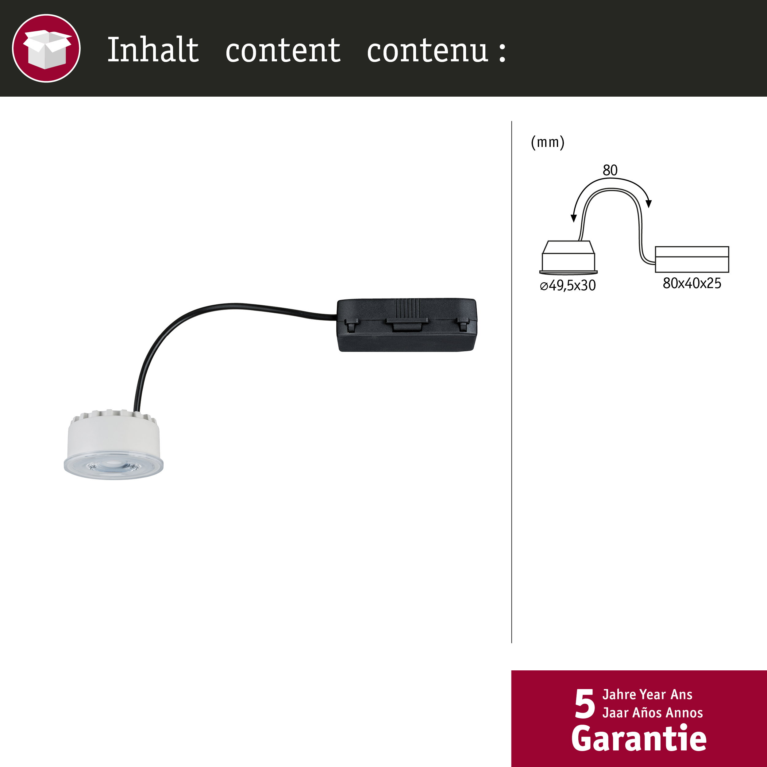 Ein weißer LED-Spot mit schwarzem Kabel und Trafo. Technische Zeichnung daneben.