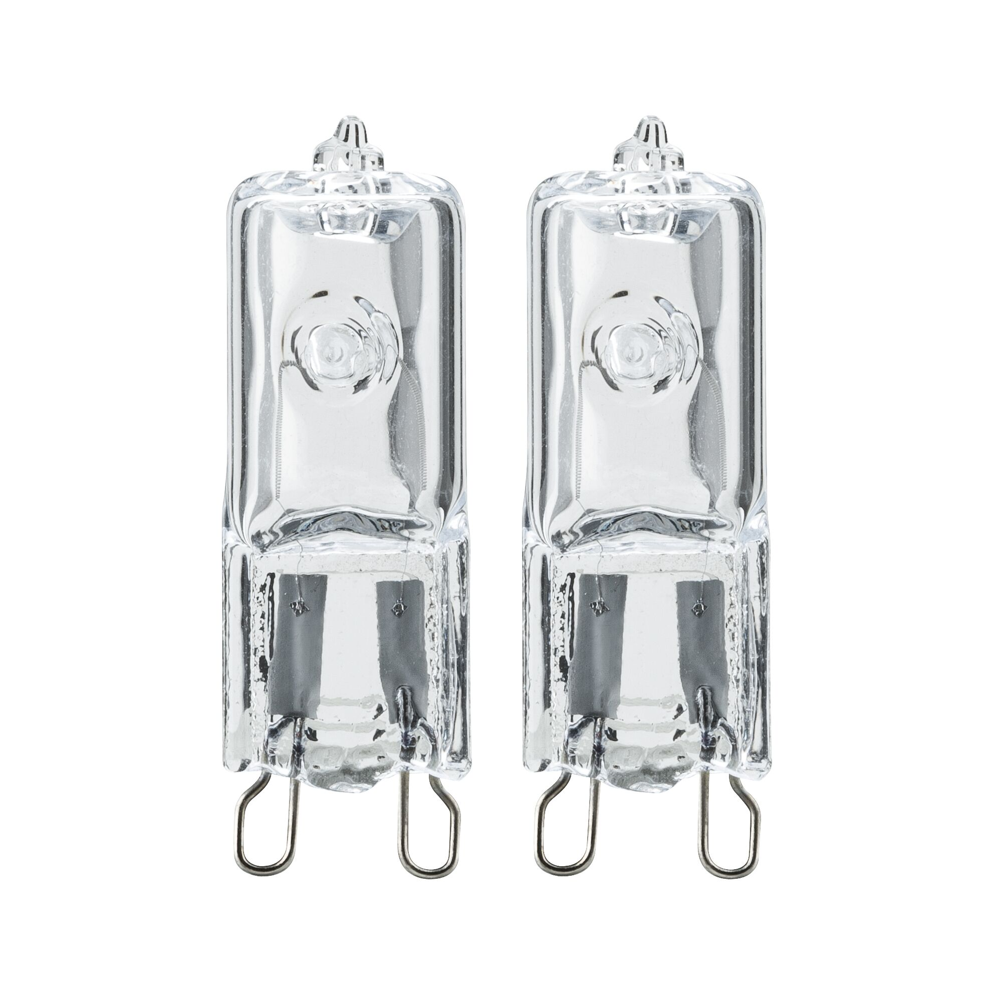 Zwei transparente Halogenlampen mit Metallstiften auf weißem Hintergrund.