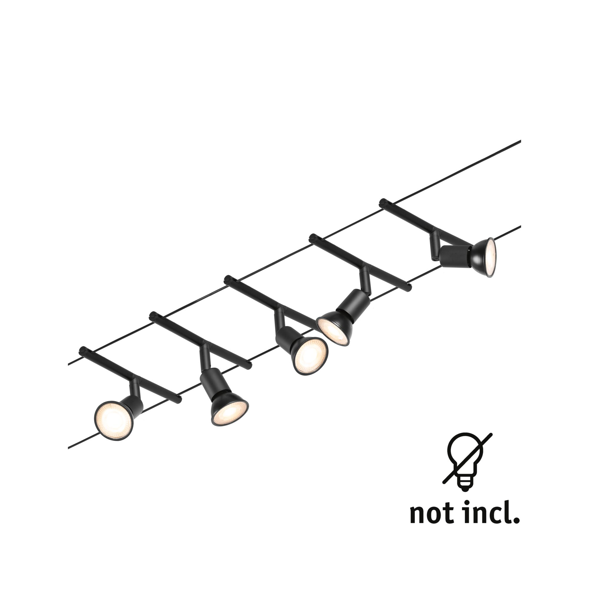 Cinq spots sur rail noirs avec ampoules allumées, sur fond blanc.