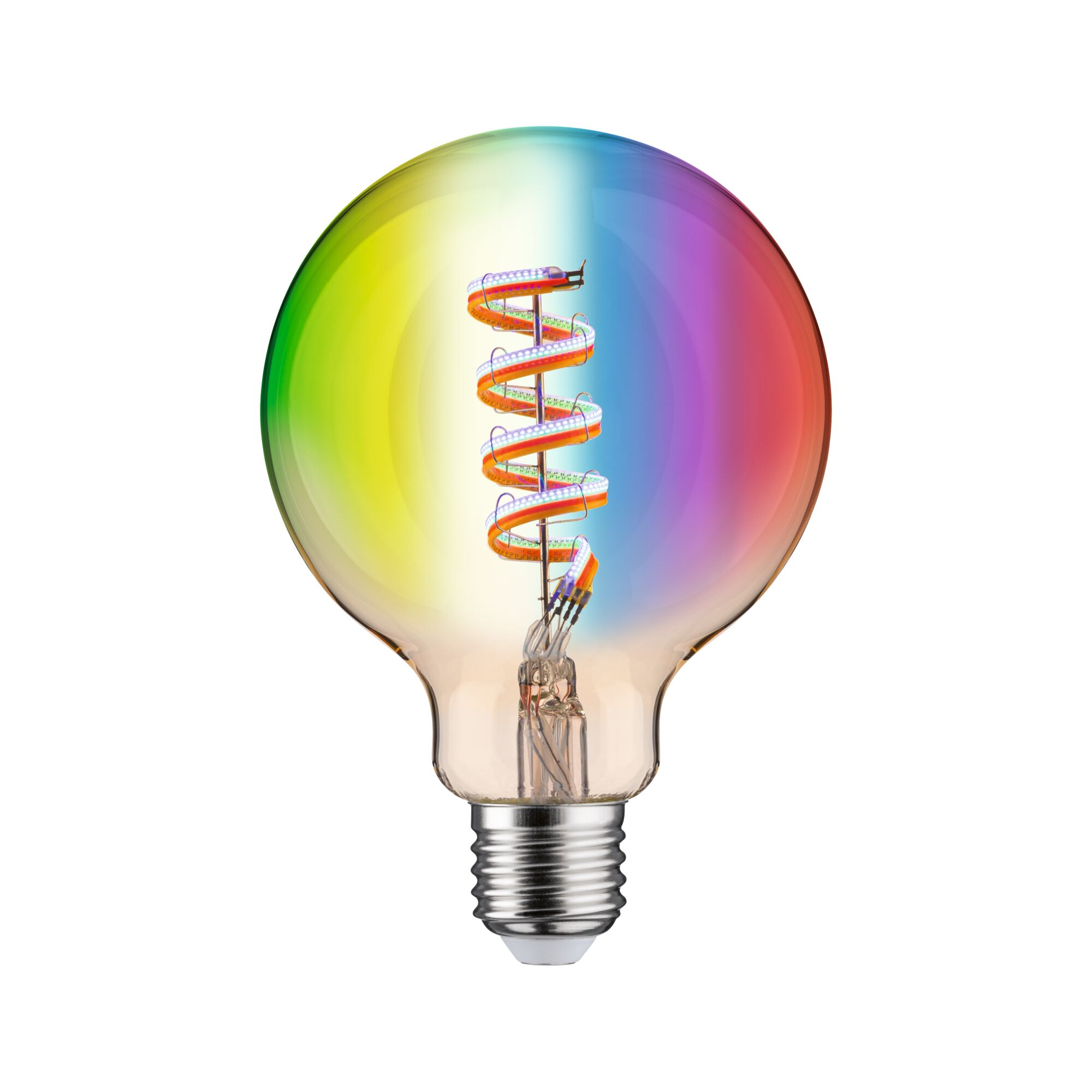 Eine Glühbirne mit einem Regenbogen-Farbverlauf und einer spiralförmigen LED-Filament.