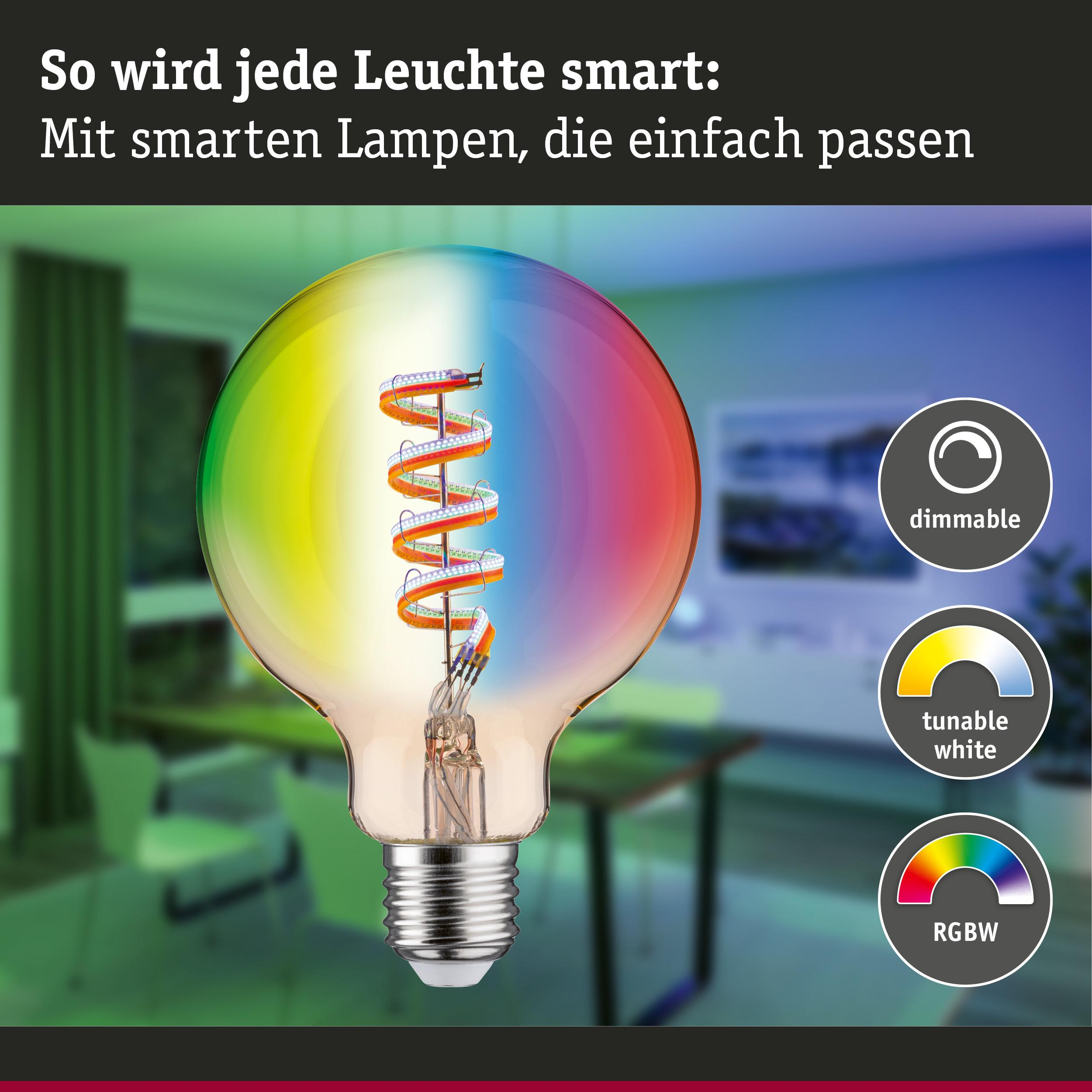 Smarte Glühbirne mit Regenbogenlicht und Funktionen wie dimmbar, weiß und RGBW.