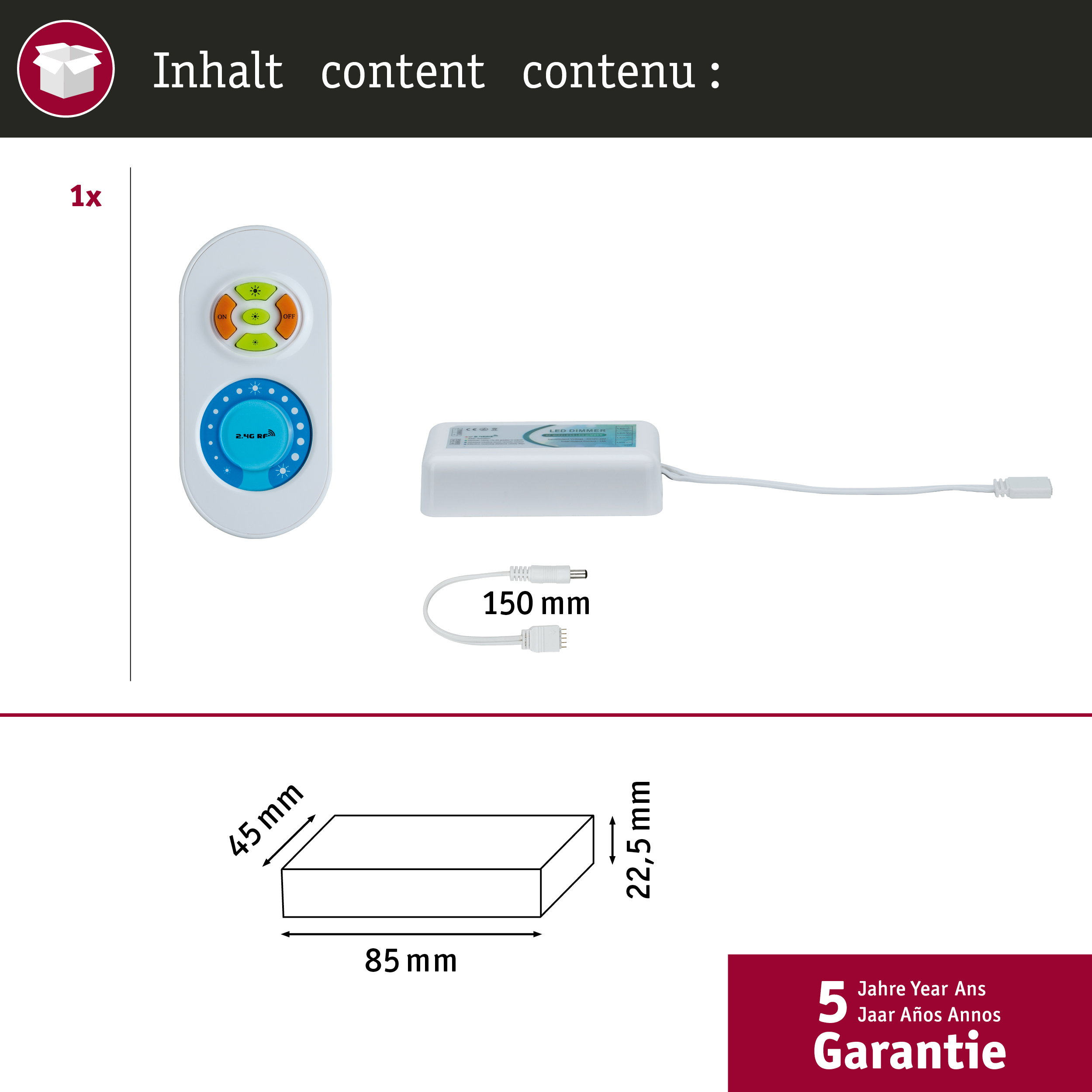 Ein weißer LED-Dimmer mit Fernbedienung und Maßen 85x45x22,5mm.