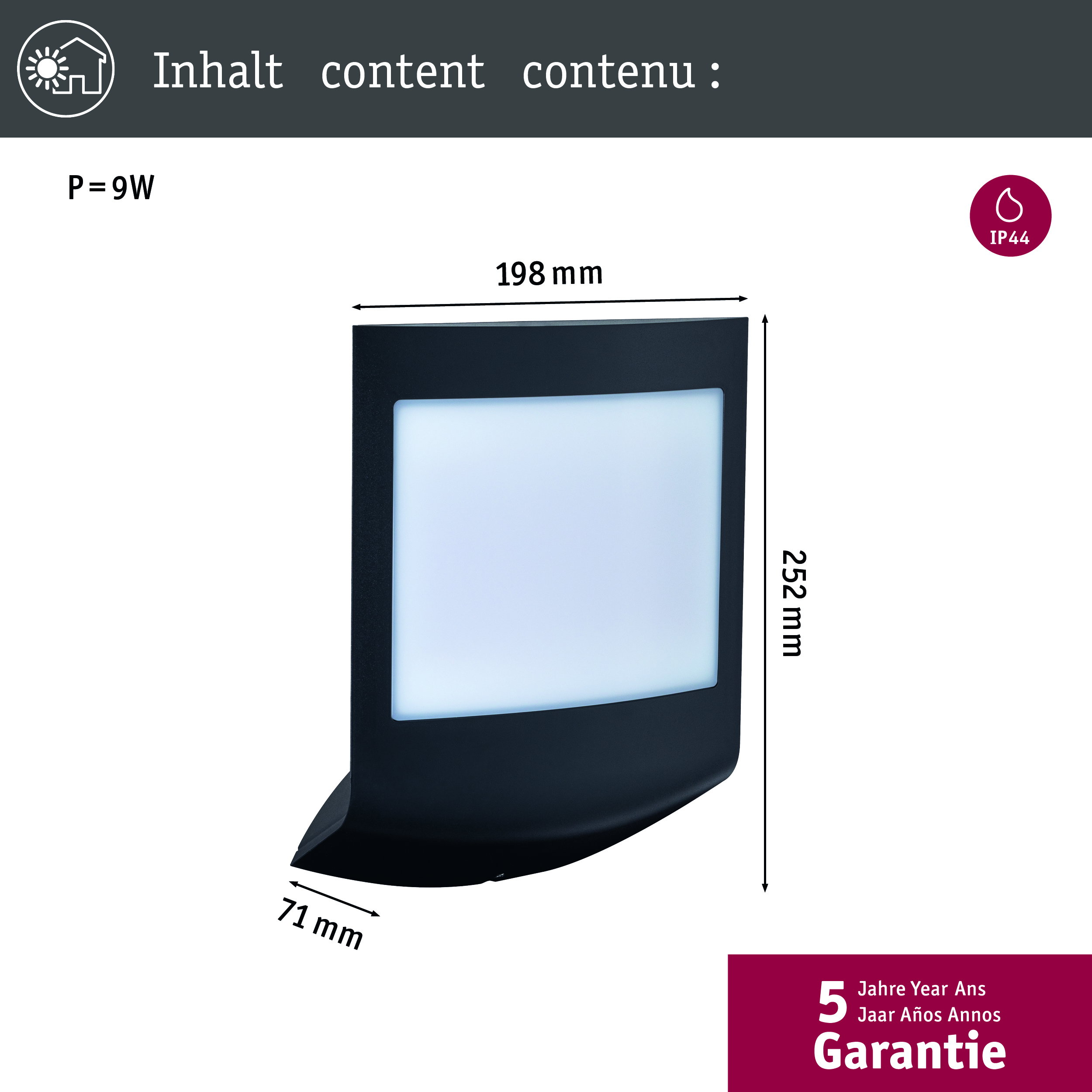 Schwarze Wandleuchte mit weißen Licht, 198x252x71mm, 9W, IP44.
