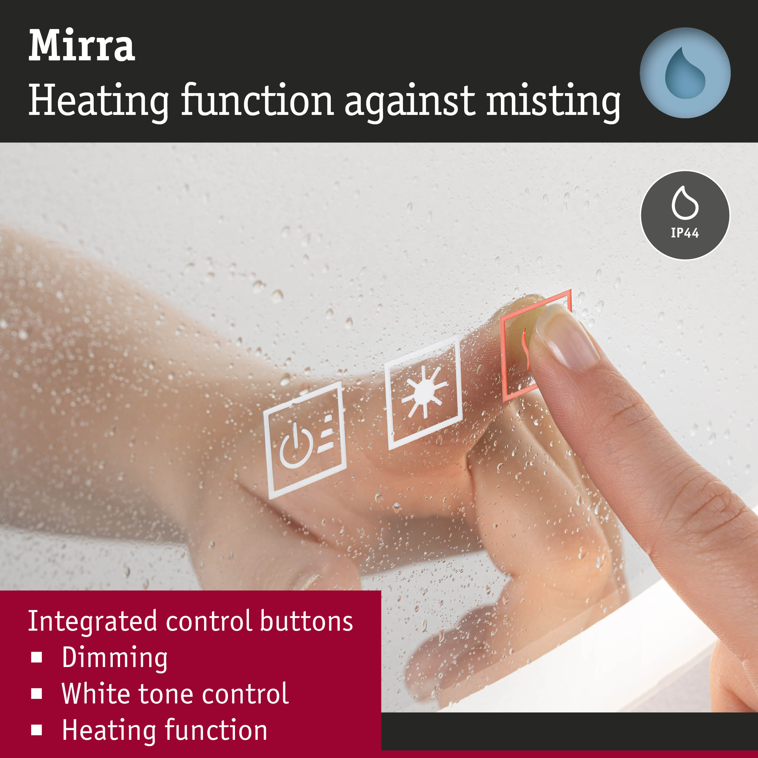 Dłoń dotyka podświetlanego ekranu dotykowego z ikonami ściemniania i funkcji ogrzewania.