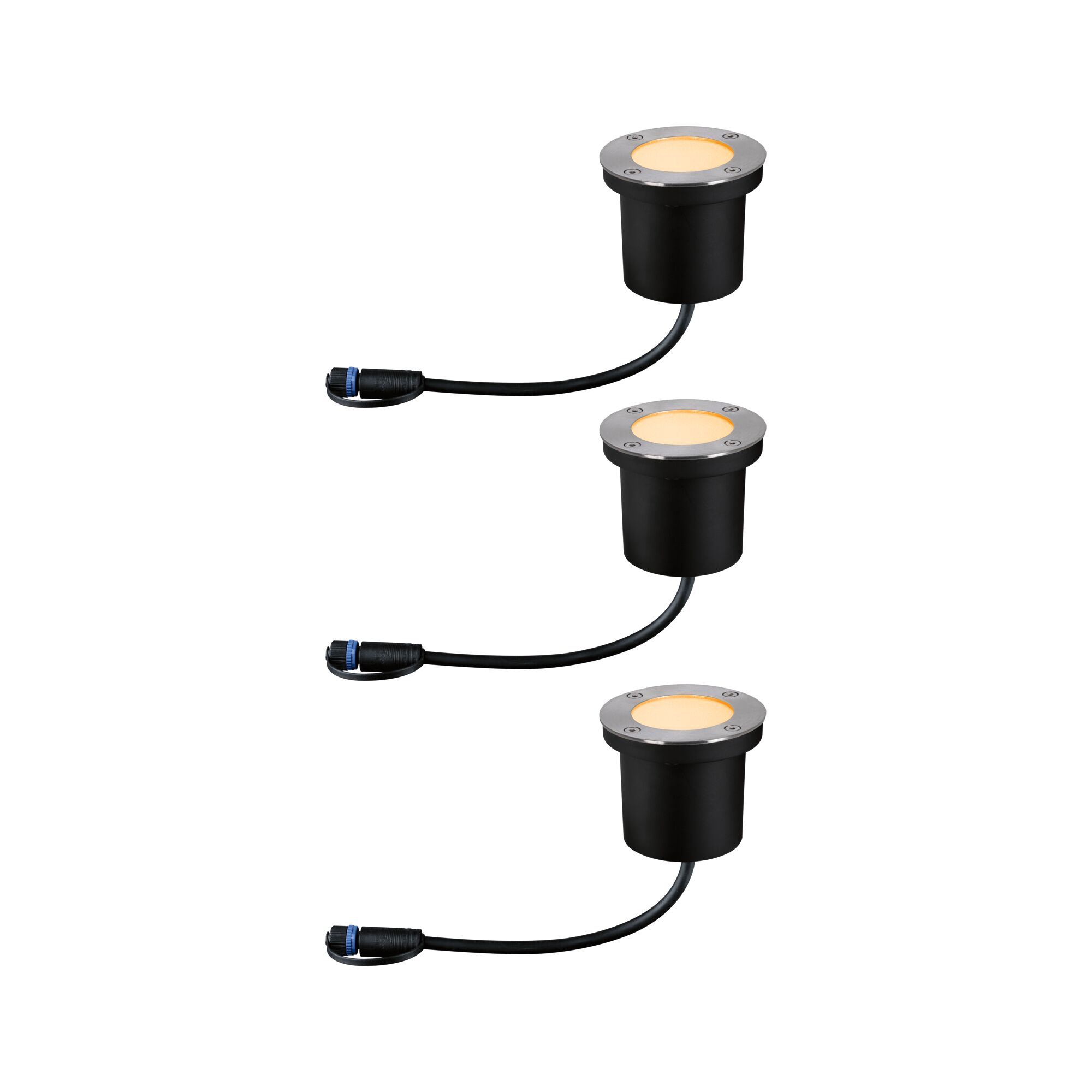 Drei schwarze Einbauleuchten mit silbernen Ringen und gelben Lichtern.
