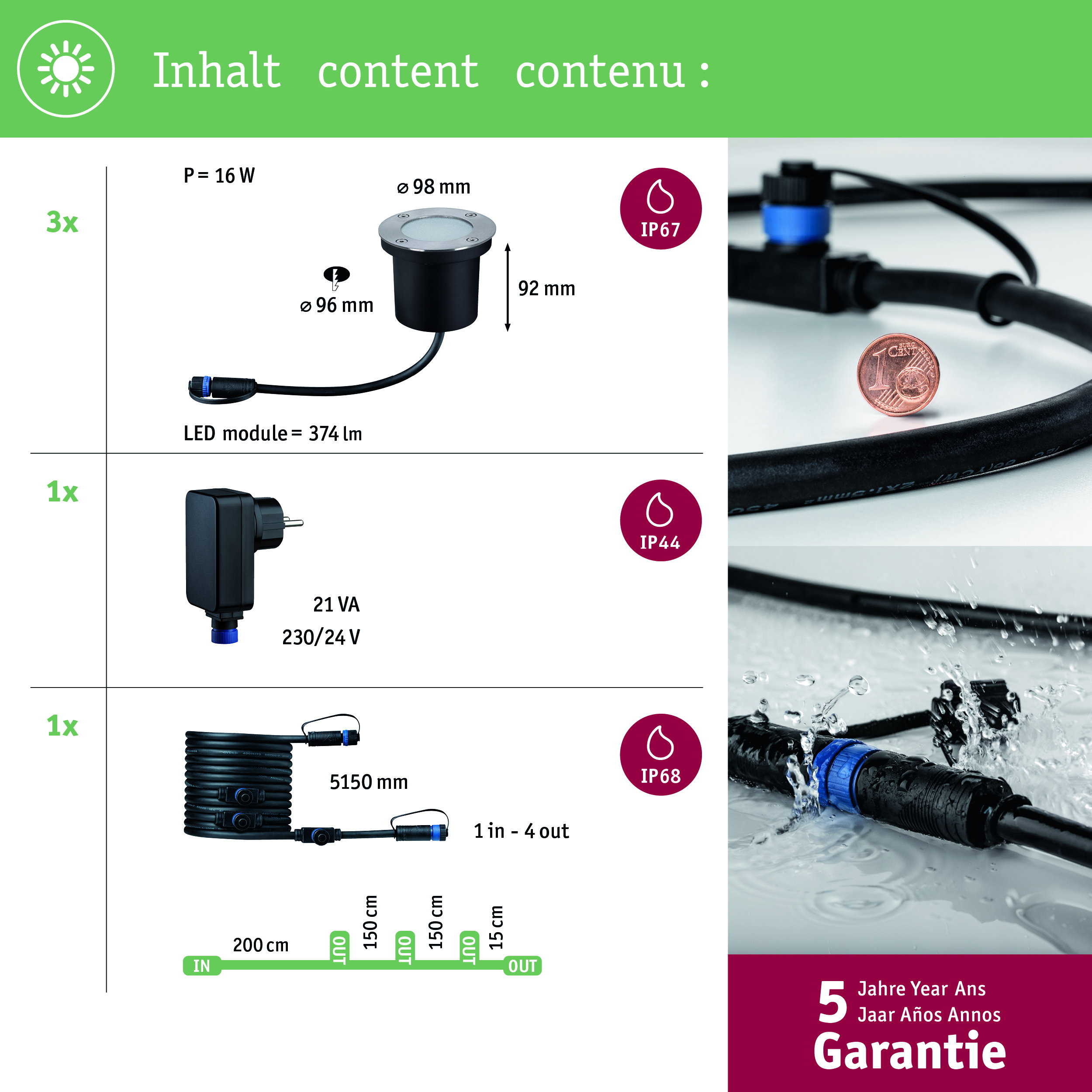 Produktübersicht mit Leuchten, Kabeln, Stecker und Garantieangabe.