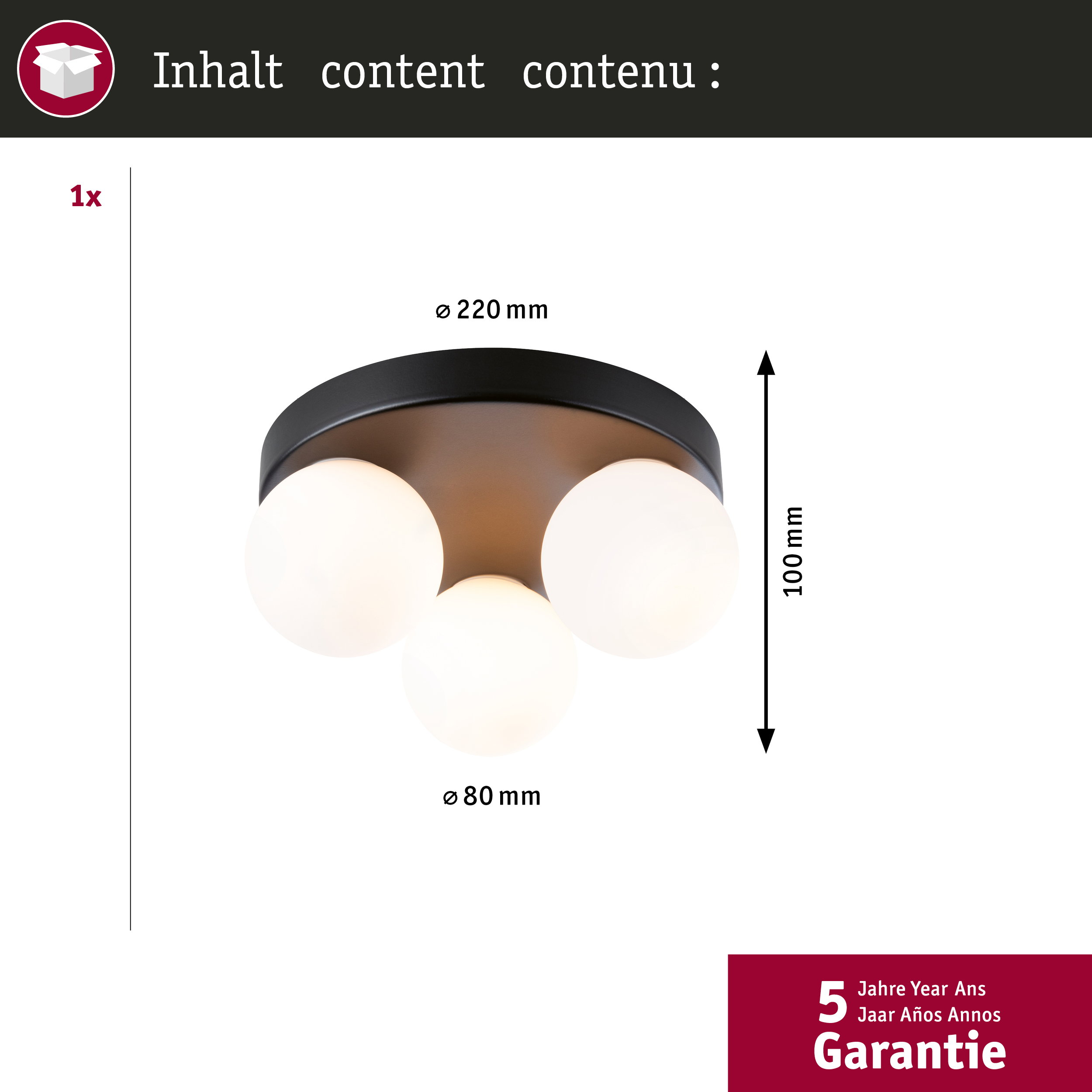 Schwarze Deckenleuchte mit drei weißen Kugeln, Ø 220mm, Höhe 100mm.