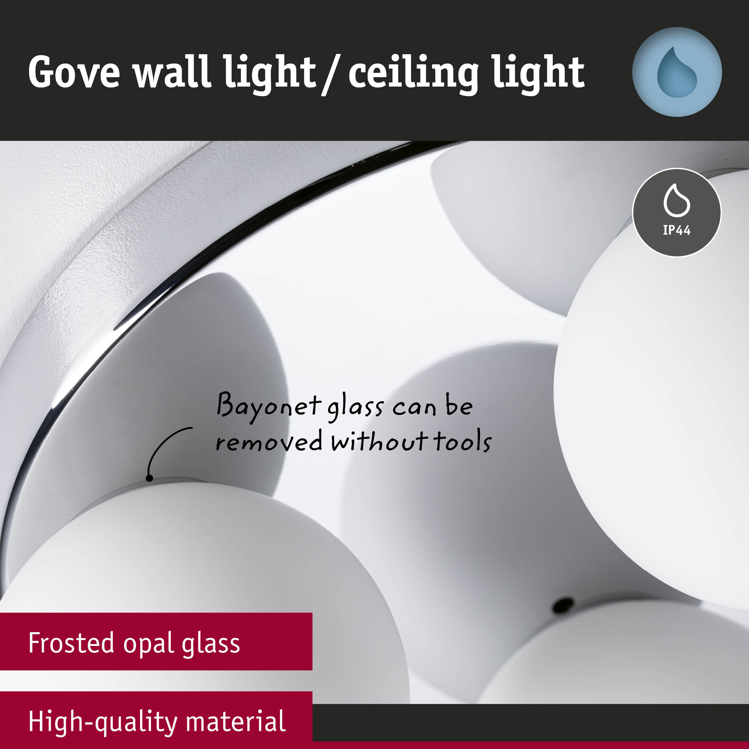 Gove Wand-/Deckenleuchte mit mattem Opalglas und IP44-Schutz.