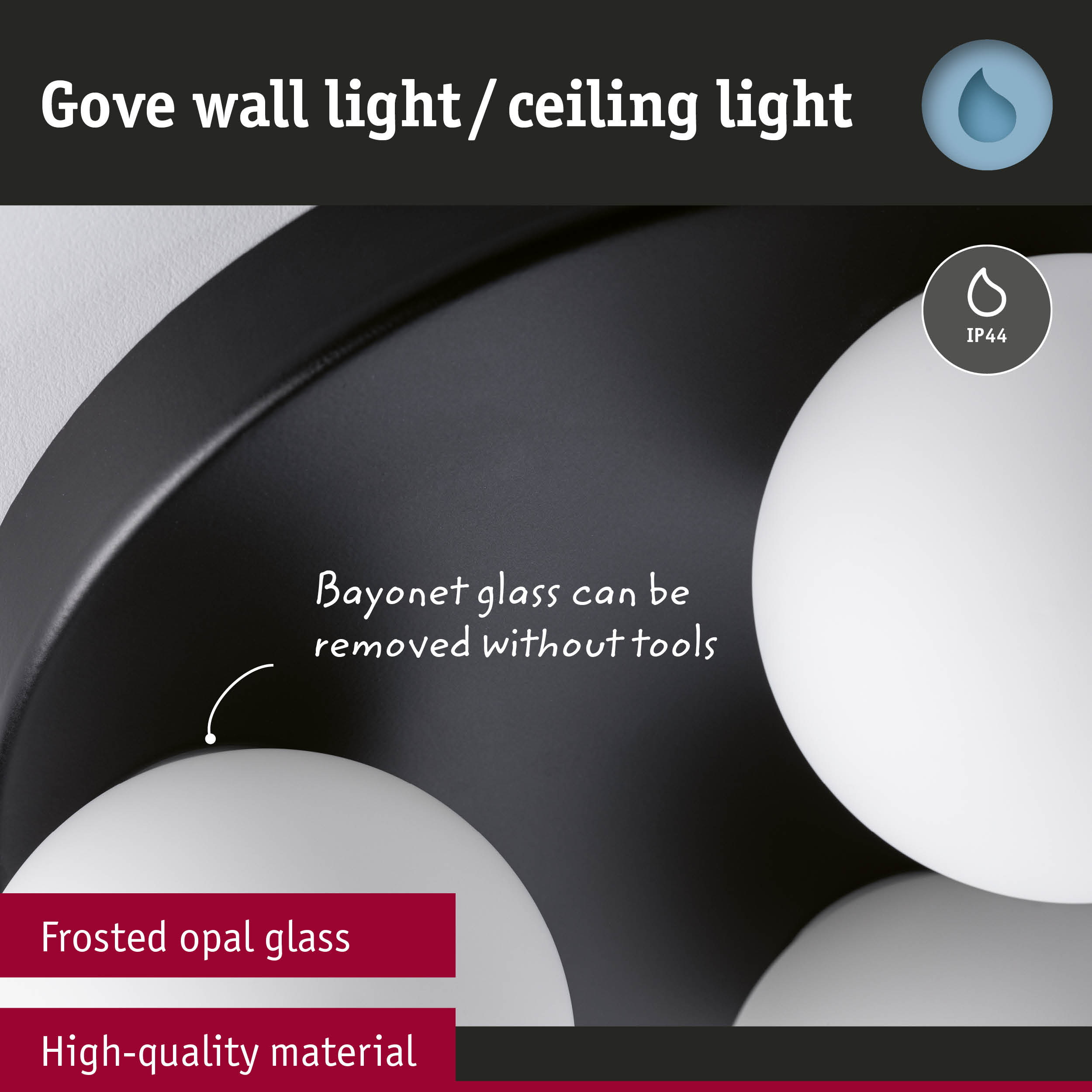 Gove Wand-/Deckenleuchte mit Opalglas und IP44-Schutz.