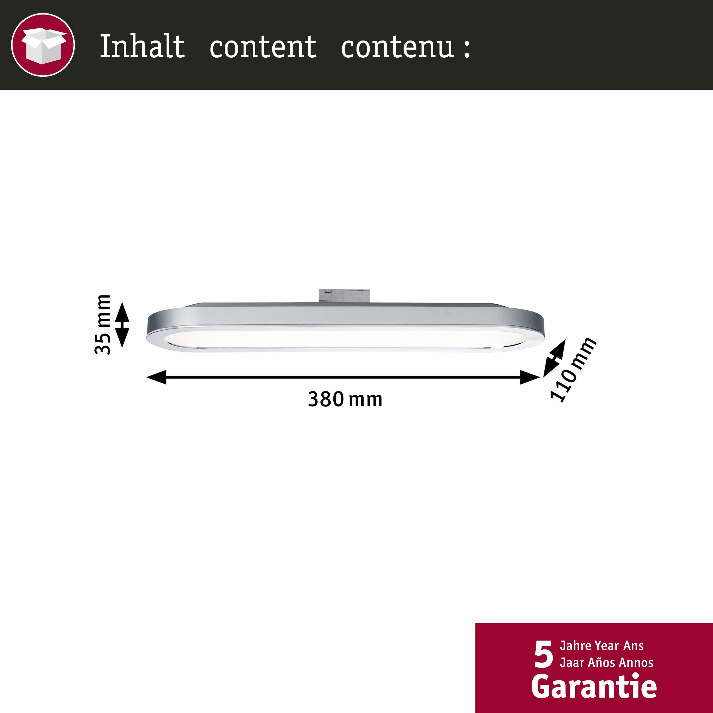 Una luce rettangolare argentata con dimensioni: 380mm L, 35mm A, 110mm P.
