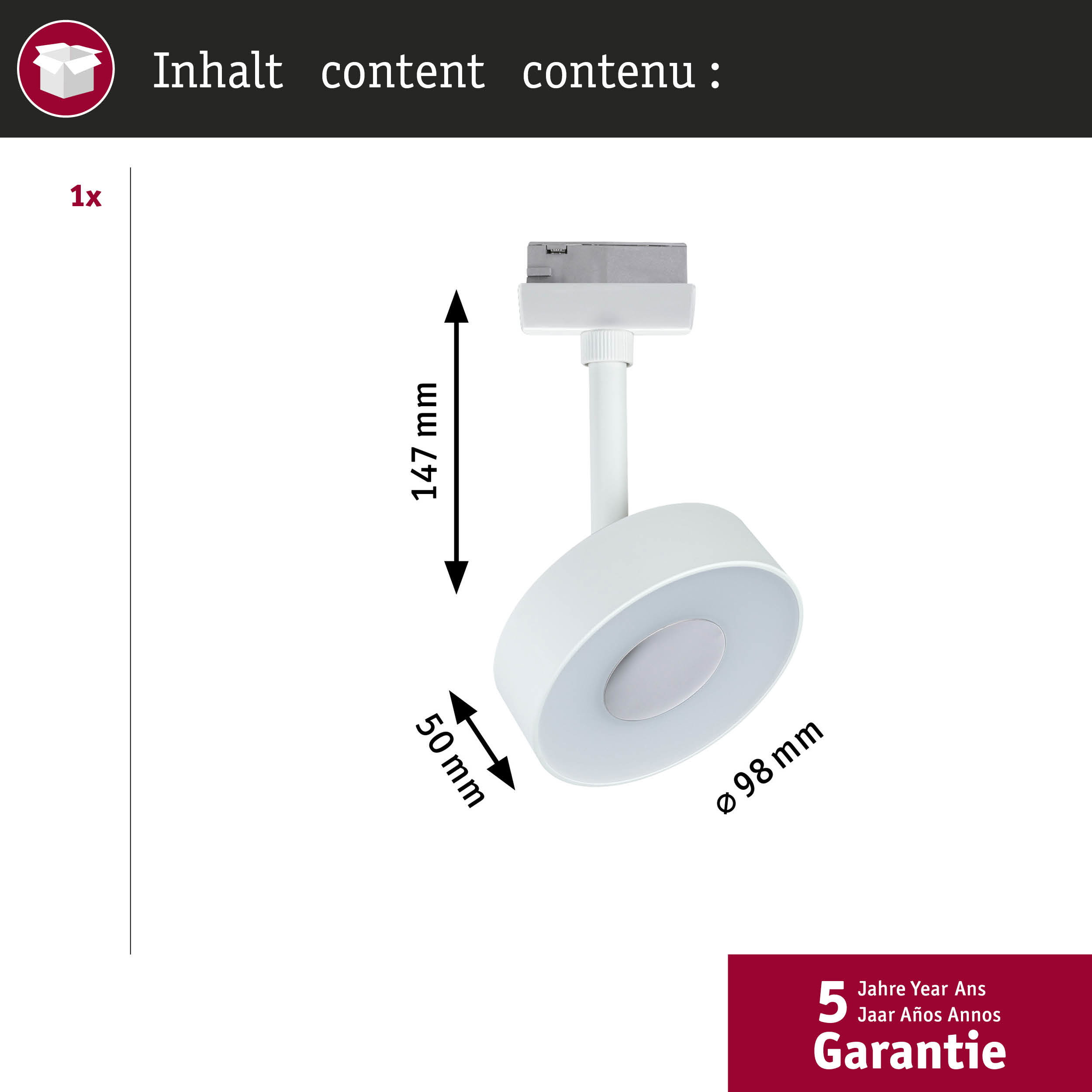 Weier Schienenstrahler mit Maangaben von 147mm H, 50mm B, 98mm 