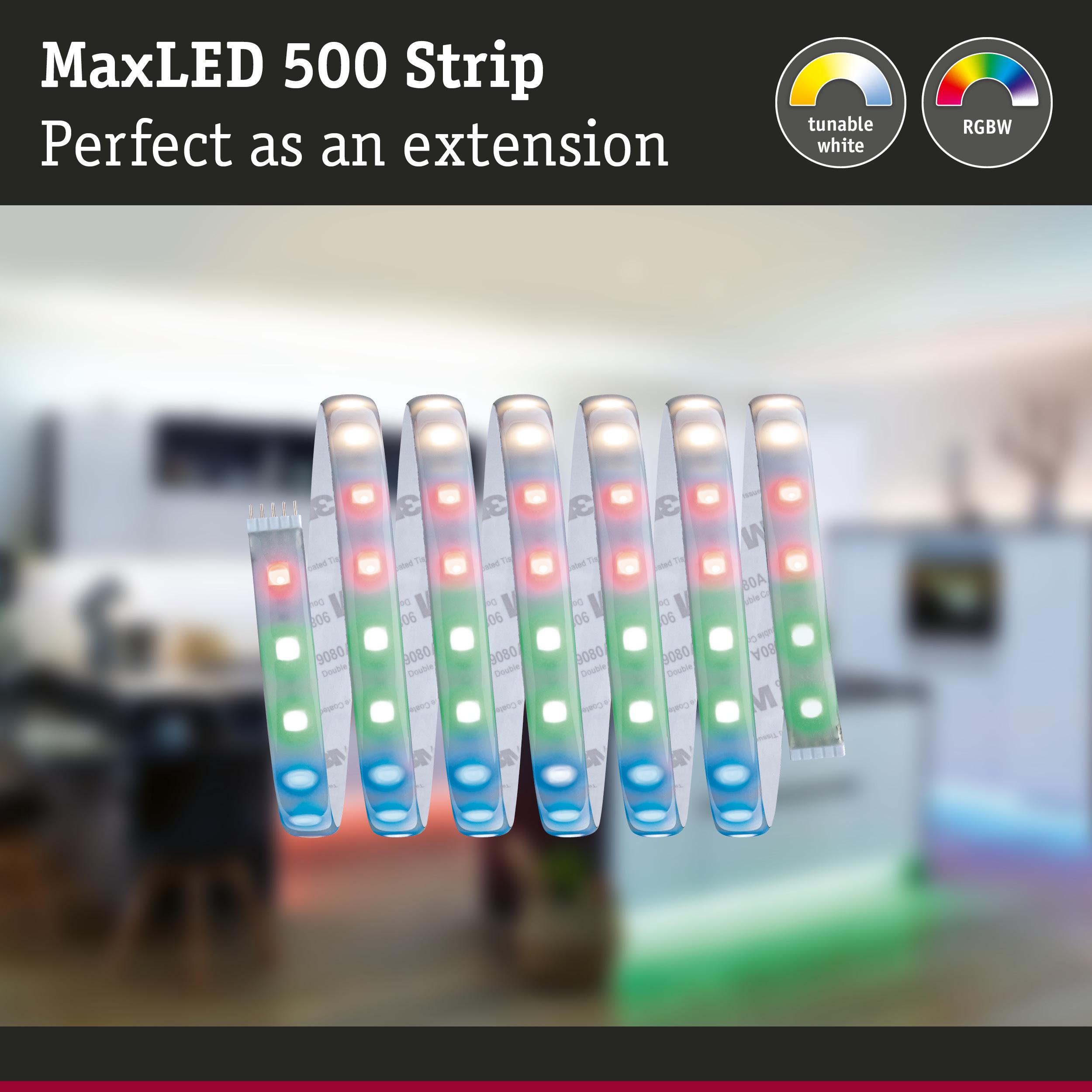 MaxLED 500 Streifen, beleuchtet in Rot, Grün, Blau und Weiß. Zeigt "tunable white" und "RGBW".