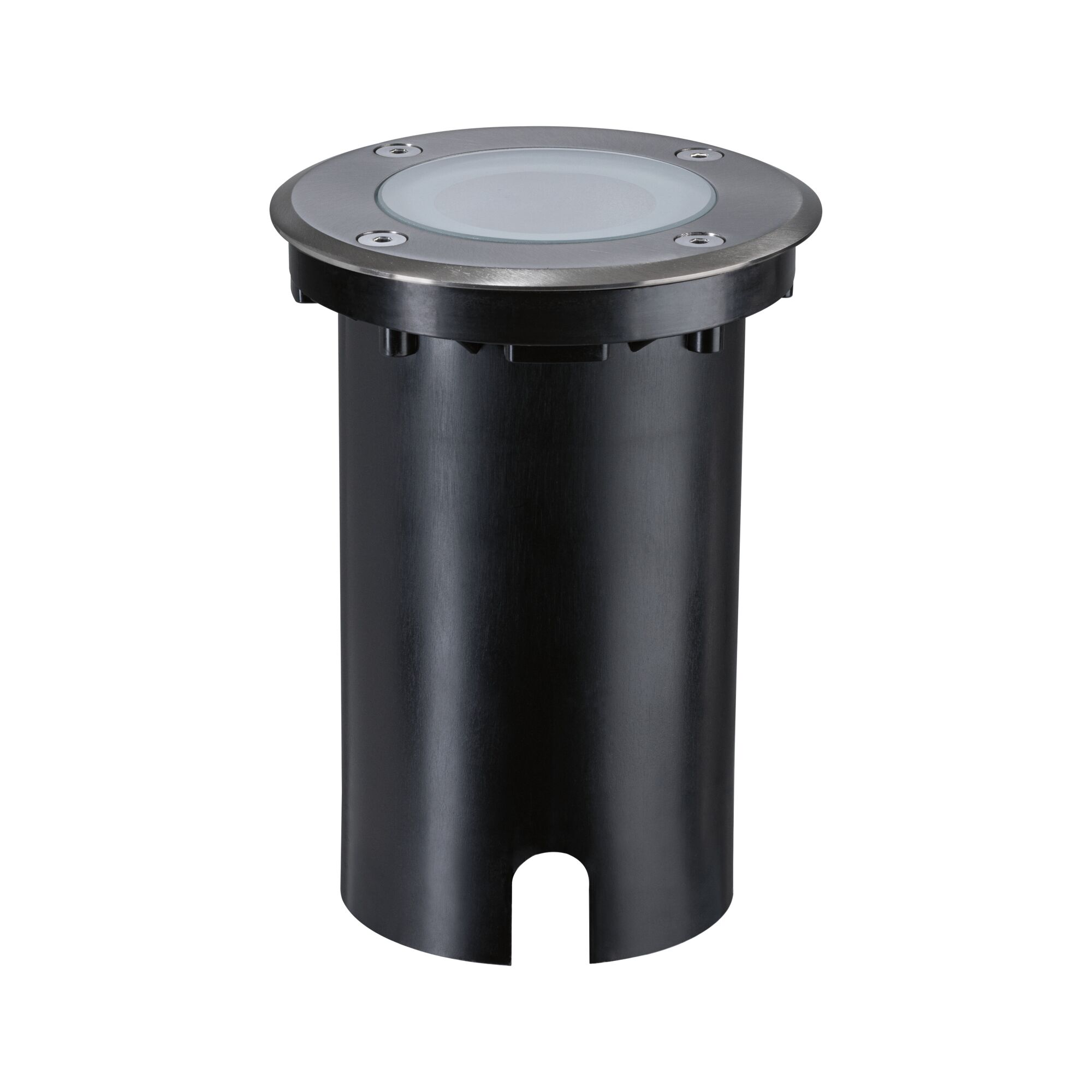 Wpuszczana lampa podłogowa z metalową obudową i szklaną pokrywą.