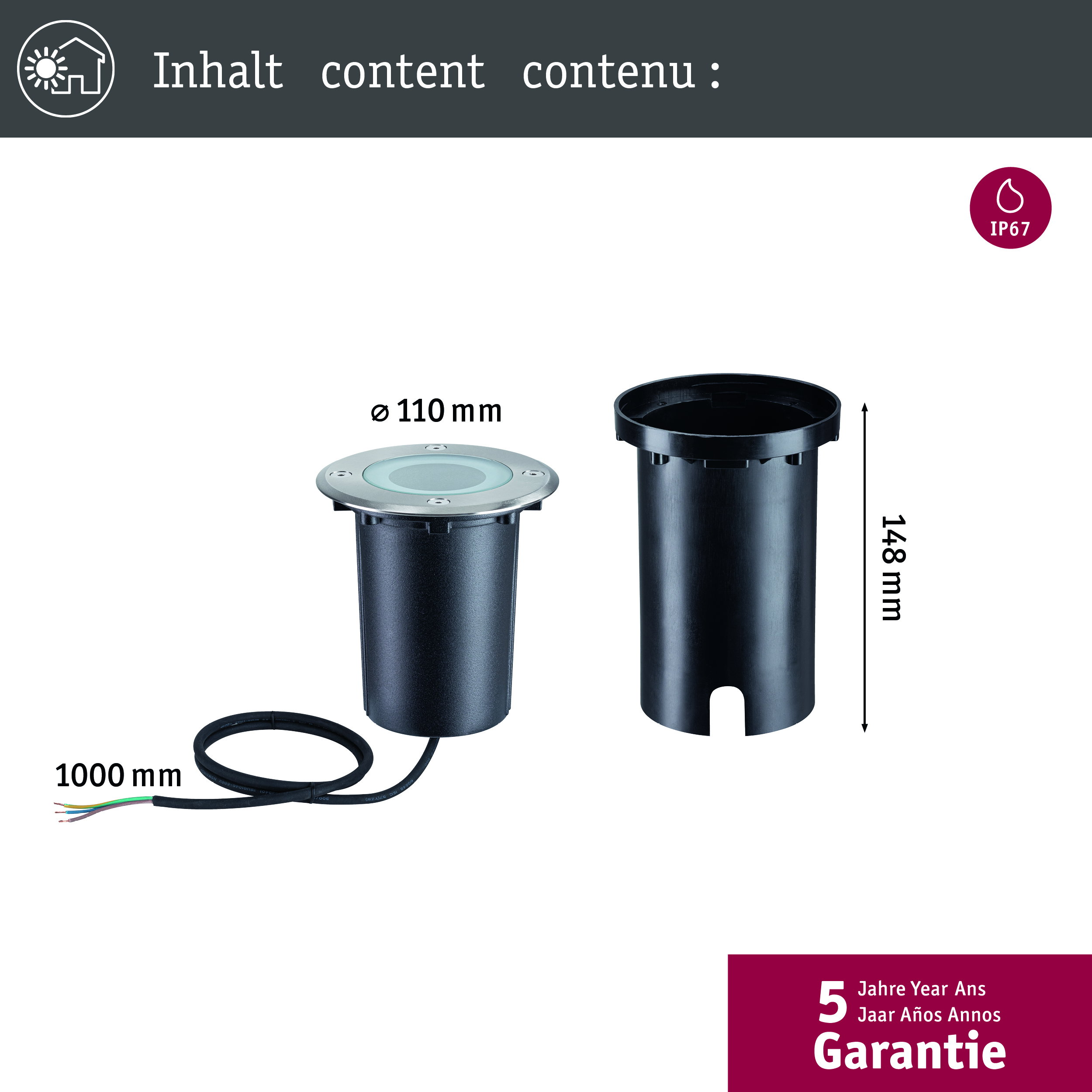Lampa wpuszczana średnica 110mm, wysokość 148mm, kabel 1000mm. Klasa IP67.