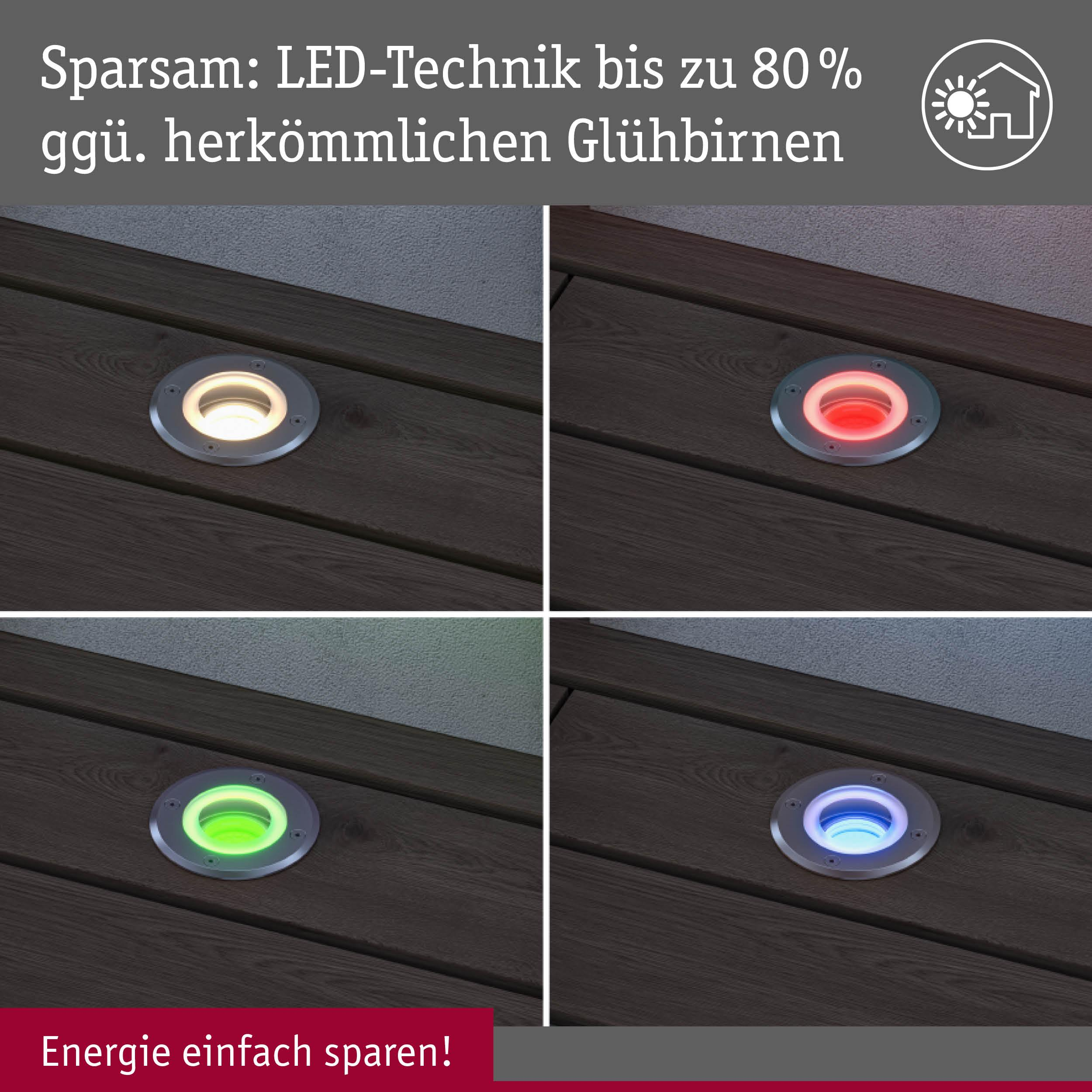Cztery wpuszczane reflektory LED na drewnie, oświetlone na biało, czerwono, zielono i niebiesko.