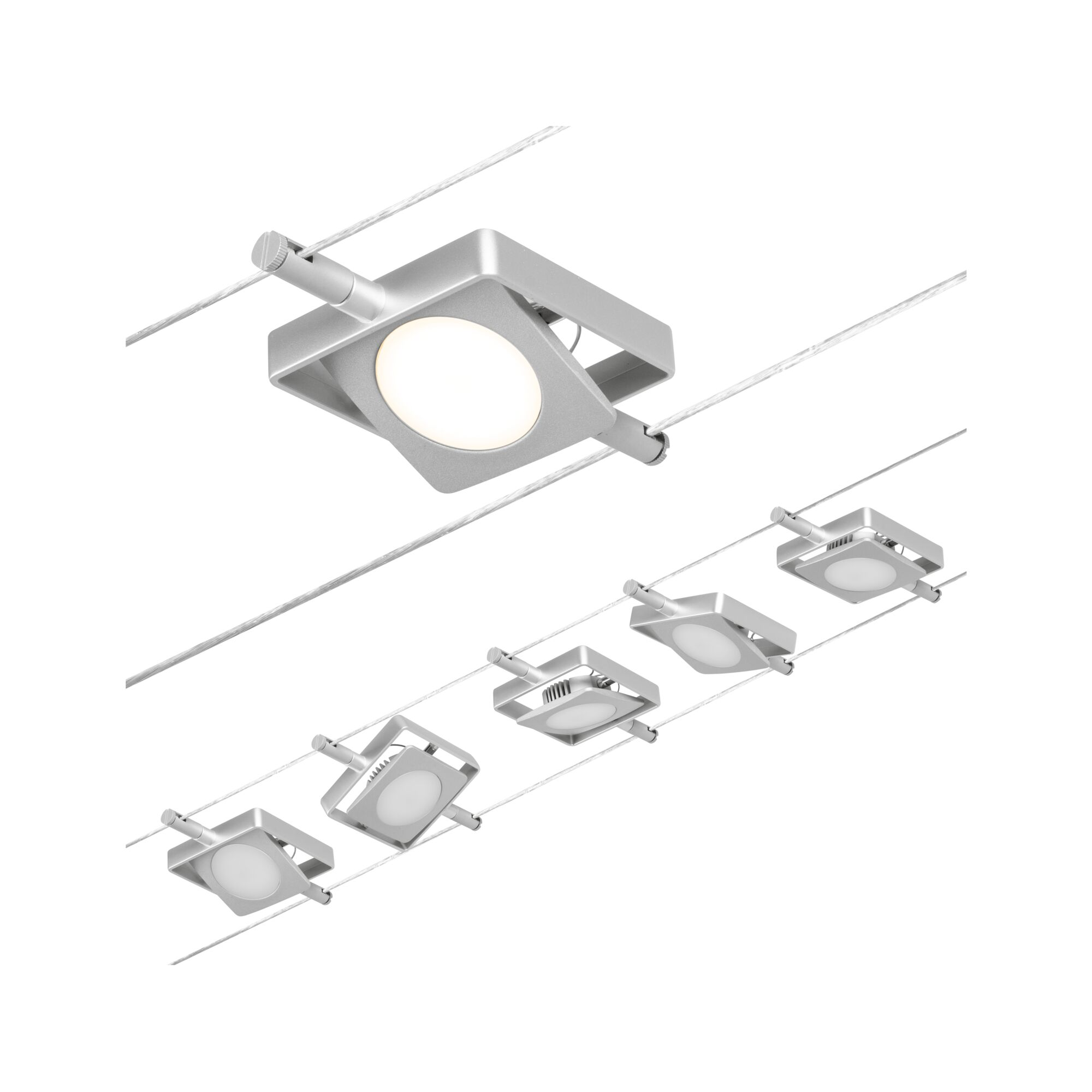 Lampade a sospensione argentate con superfici luminose rotonde bianche.